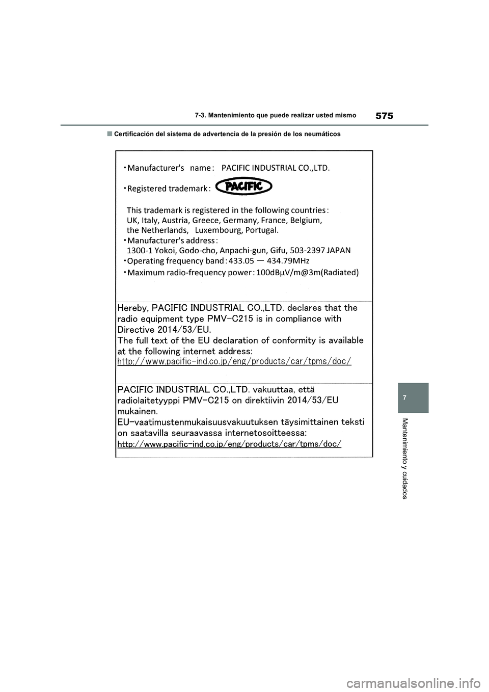 TOYOTA RAV4 2018 Manual del propietario (in Spanish) 575
7 7-3. Mantenimiento que puede realizar usted mismo
Mantenimiento y cuidados
■Certificación del sistema de advertencia de la presión de los neumáticos TOYOTA RAV4 2018 Manual del propietario (in Spanish) 575
7 7-3. Mantenimiento que puede realizar usted mismo
Mantenimiento y cuidados
■Certificación del sistema de advertencia de la presión de los neumáticos