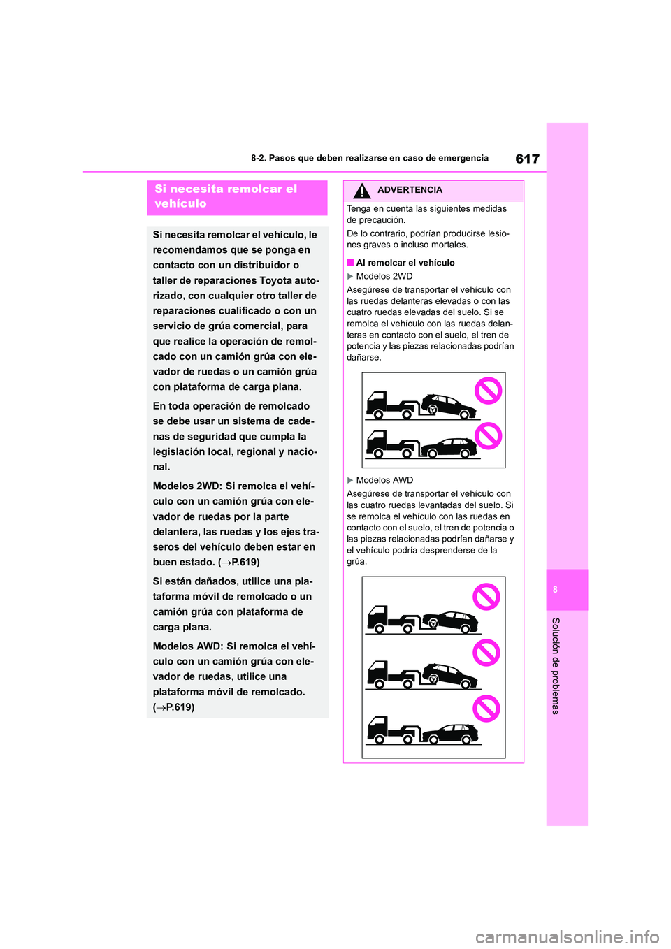 TOYOTA RAV4 2018 Manual del propietario (in Spanish) 617
8
8-2. Pasos que deben realizarse en caso de emergencia
Solución de problemas
8-2.Paso s que debe n realizarse en ca so de emerg enciaSi necesita remolcar el
vehículo
Si necesita remolcar el TOYOTA RAV4 2018 Manual del propietario (in Spanish) 617
8
8-2. Pasos que deben realizarse en caso de emergencia
Solución de problemas
8-2.Paso s que debe n realizarse en ca so de emerg enciaSi necesita remolcar el
vehículo
Si necesita remolcar el
