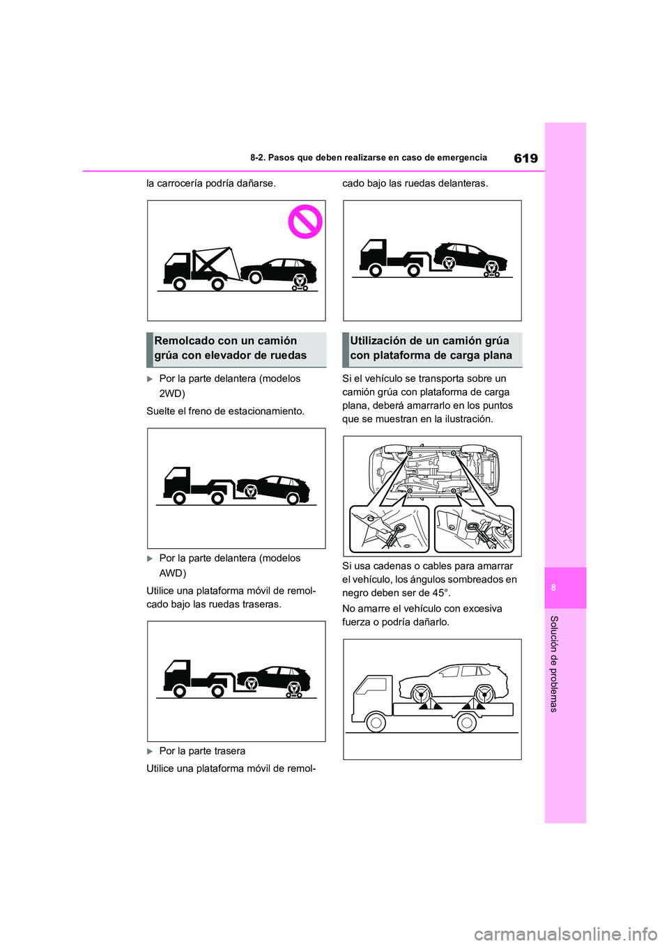 TOYOTA RAV4 2018 Manual del propietario (in Spanish) 619
8
8-2. Pasos que deben realizarse en caso de emergencia
Solución de problemas
la carrocería podría dañarse.
Por la parte delantera (modelos
2WD)
Suelte el freno de estacionamiento.
P TOYOTA RAV4 2018 Manual del propietario (in Spanish) 619
8
8-2. Pasos que deben realizarse en caso de emergencia
Solución de problemas
la carrocería podría dañarse.
Por la parte delantera (modelos
2WD)
Suelte el freno de estacionamiento.
P