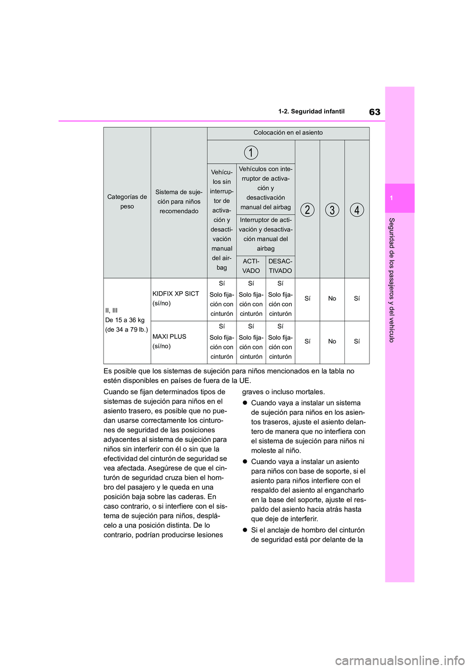 TOYOTA RAV4 2018 Manual del propietario (in Spanish) 63
1
1-2. Seguridad infantil
Seguridad de los pasajeros y del vehículo
Es posible que los sistemas de sujeción para niños mencionados en la tabla no
estén disponibles en países de fuera de la TOYOTA RAV4 2018 Manual del propietario (in Spanish) 63
1
1-2. Seguridad infantil
Seguridad de los pasajeros y del vehículo
Es posible que los sistemas de sujeción para niños mencionados en la tabla no
estén disponibles en países de fuera de la