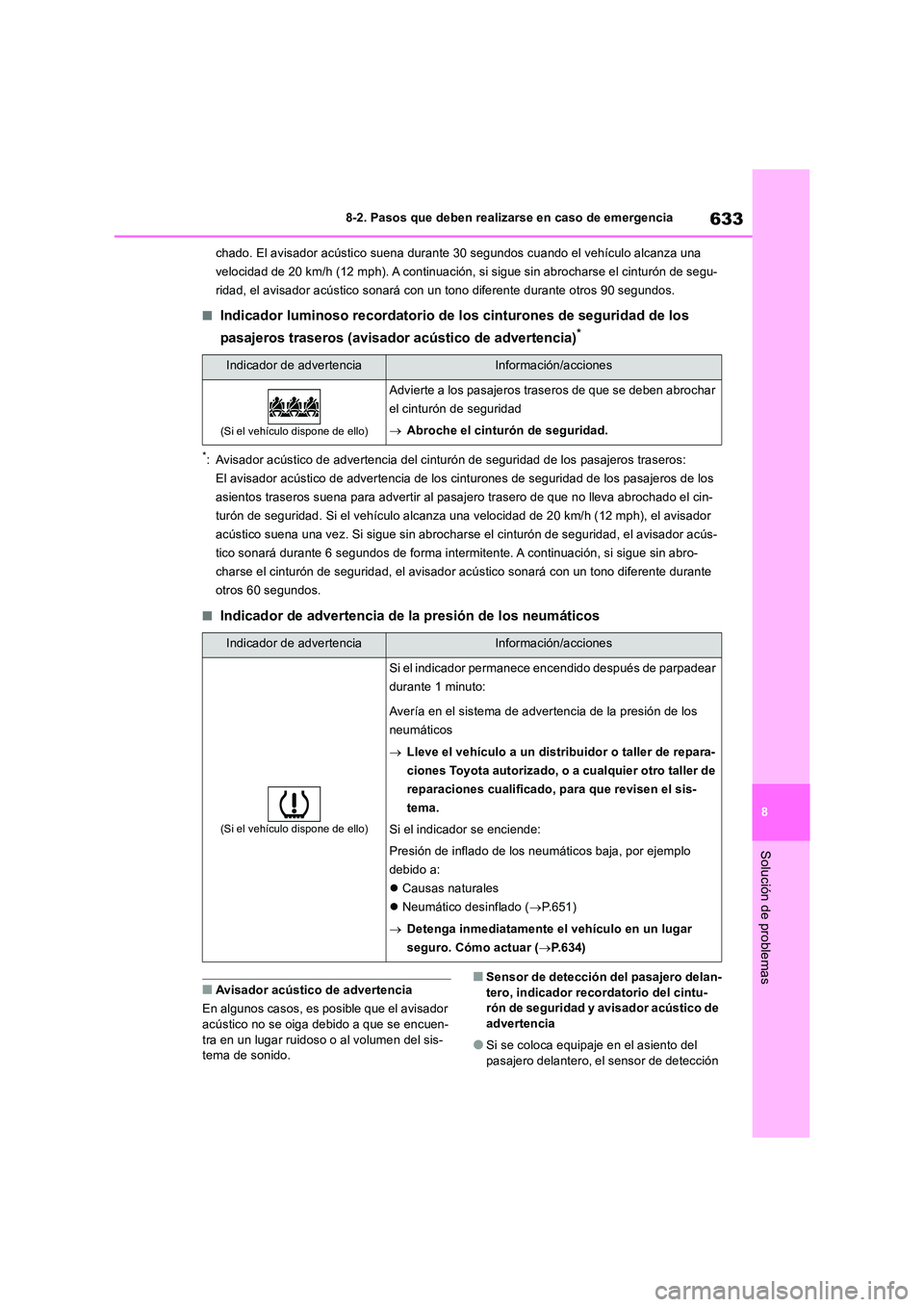 TOYOTA RAV4 2018 Manual del propietario (in Spanish) 633
8
8-2. Pasos que deben realizarse en caso de emergencia
Solución de problemas
chado. El avisador acústico suena durante 30 segundos cuando el vehículo alcanza una
velocidad de 20 km/h (12 m TOYOTA RAV4 2018 Manual del propietario (in Spanish) 633
8
8-2. Pasos que deben realizarse en caso de emergencia
Solución de problemas
chado. El avisador acústico suena durante 30 segundos cuando el vehículo alcanza una
velocidad de 20 km/h (12 m