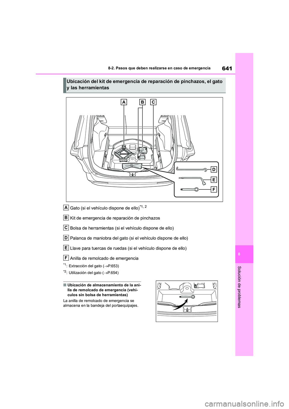 TOYOTA RAV4 2018 Manual del propietario (in Spanish) 641
8
8-2. Pasos que deben realizarse en caso de emergencia
Solución de problemas
Gato (si el vehículo dispone de ello)*1, 2
Kit de emergencia de reparación de pinchazos
Bolsa de herramientas (si TOYOTA RAV4 2018 Manual del propietario (in Spanish) 641
8
8-2. Pasos que deben realizarse en caso de emergencia
Solución de problemas
Gato (si el vehículo dispone de ello)*1, 2
Kit de emergencia de reparación de pinchazos
Bolsa de herramientas (si
