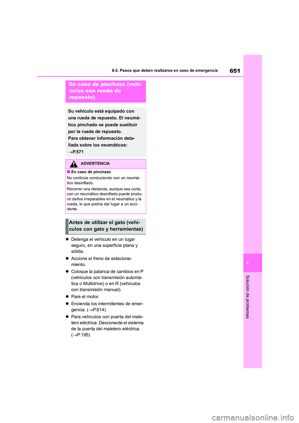 TOYOTA RAV4 2018 Manual del propietario (in Spanish) 651
8
8-2. Pasos que deben realizarse en caso de emergencia
Solución de problemas
Detenga el vehículo en un lugar
seguro, en una superficie plana y
sólida.
Accione el freno de estacion TOYOTA RAV4 2018 Manual del propietario (in Spanish) 651
8
8-2. Pasos que deben realizarse en caso de emergencia
Solución de problemas
Detenga el vehículo en un lugar
seguro, en una superficie plana y
sólida.
Accione el freno de estacion