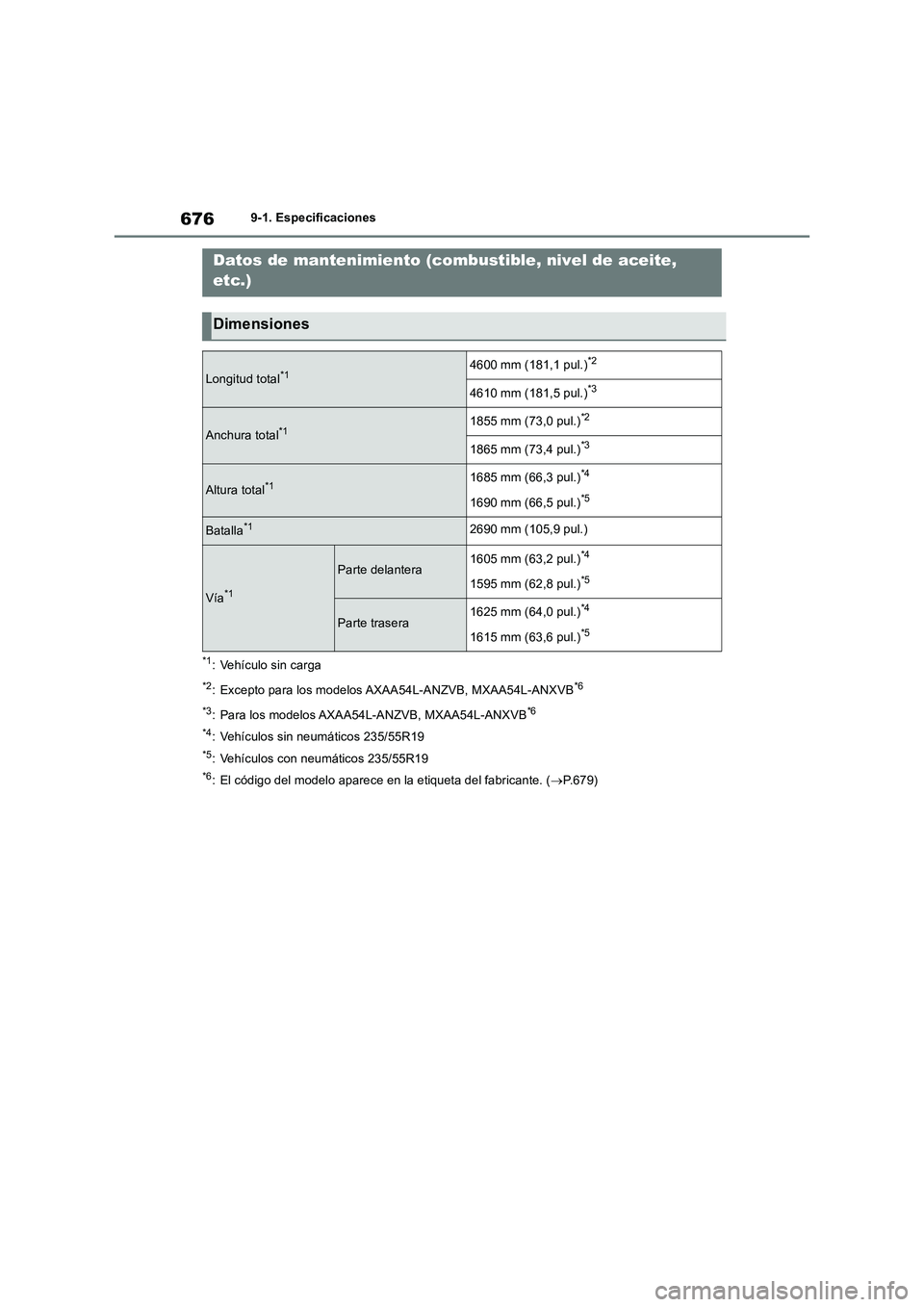 TOYOTA RAV4 2018 Manual del propietario (in Spanish) 6769-1. Especificaciones
9-1.Espe cificacione s
*1: Vehículo sin carga
*2: Excepto para los modelos AXAA54L-ANZVB, MXAA54L-ANXVB*6
*3
: Para los modelos AXAA54L-ANZVB, MXAA54L-ANXVB*6
*4
: Vehículos TOYOTA RAV4 2018 Manual del propietario (in Spanish) 6769-1. Especificaciones
9-1.Espe cificacione s
*1: Vehículo sin carga
*2: Excepto para los modelos AXAA54L-ANZVB, MXAA54L-ANXVB*6
*3
: Para los modelos AXAA54L-ANZVB, MXAA54L-ANXVB*6
*4
: Vehículos
