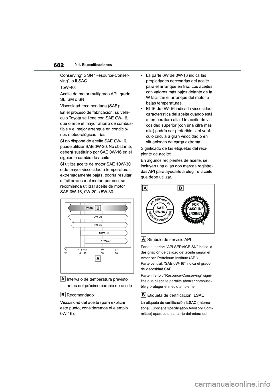 TOYOTA RAV4 2018 Manual del propietario (in Spanish) 6829-1. Especificaciones
Conserving” o SN “Resource-Conser-
ving”, o ILSAC
15W-40:
Aceite de motor multigrado API, grado
SL, SM o SN
Viscosidad recomendada (SAE):
En el proceso de fabricación, TOYOTA RAV4 2018 Manual del propietario (in Spanish) 6829-1. Especificaciones
Conserving” o SN “Resource-Conser-
ving”, o ILSAC
15W-40:
Aceite de motor multigrado API, grado
SL, SM o SN
Viscosidad recomendada (SAE):
En el proceso de fabricación,
