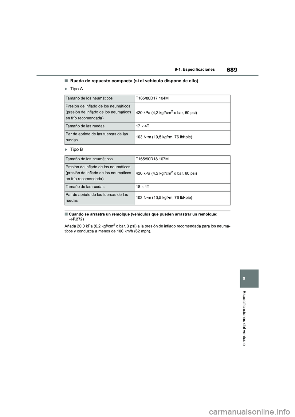TOYOTA RAV4 2018 Manual del propietario (in Spanish) 689
9 9-1. Especificaciones
Especificaciones del vehículo
■Rueda de repuesto compacta (si el vehículo dispone de ello)
Tipo A
Tipo B
■Cuando se arrastra un remolque (vehículos que pueden TOYOTA RAV4 2018 Manual del propietario (in Spanish) 689
9 9-1. Especificaciones
Especificaciones del vehículo
■Rueda de repuesto compacta (si el vehículo dispone de ello)
Tipo A
Tipo B
■Cuando se arrastra un remolque (vehículos que pueden