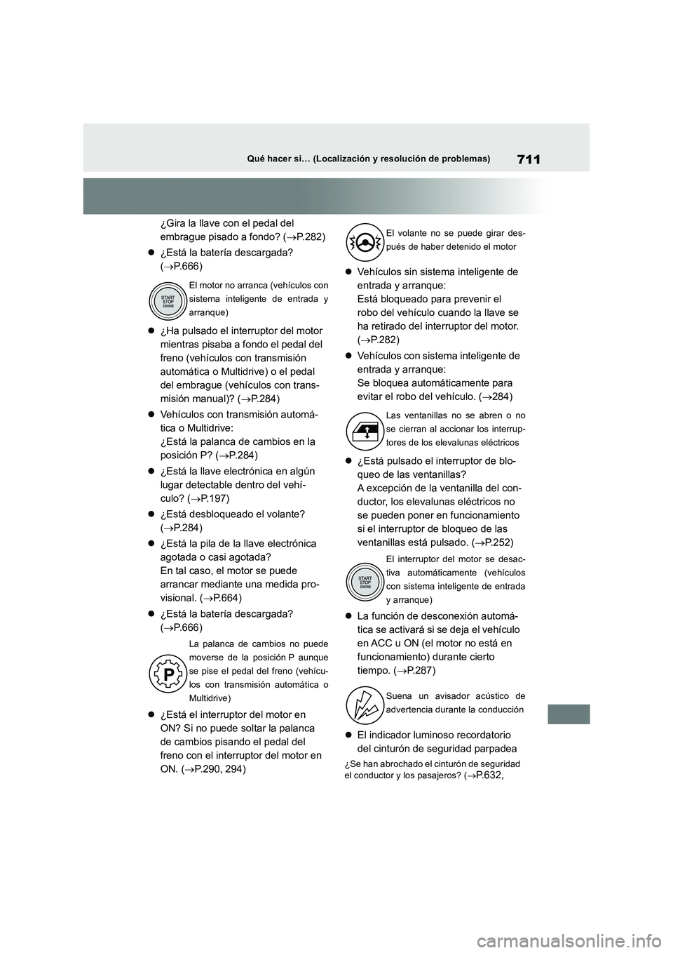 TOYOTA RAV4 2018 Manual del propietario (in Spanish) 711Qué hacer si… (Localización y resolución de problemas)
¿Gira la llave con el pedal del
embrague pisado a fondo? ( P.282)
¿Está la batería descargada?
( P.666)
¿Ha puls TOYOTA RAV4 2018 Manual del propietario (in Spanish) 711Qué hacer si… (Localización y resolución de problemas)
¿Gira la llave con el pedal del
embrague pisado a fondo? ( P.282)
¿Está la batería descargada?
( P.666)
¿Ha puls