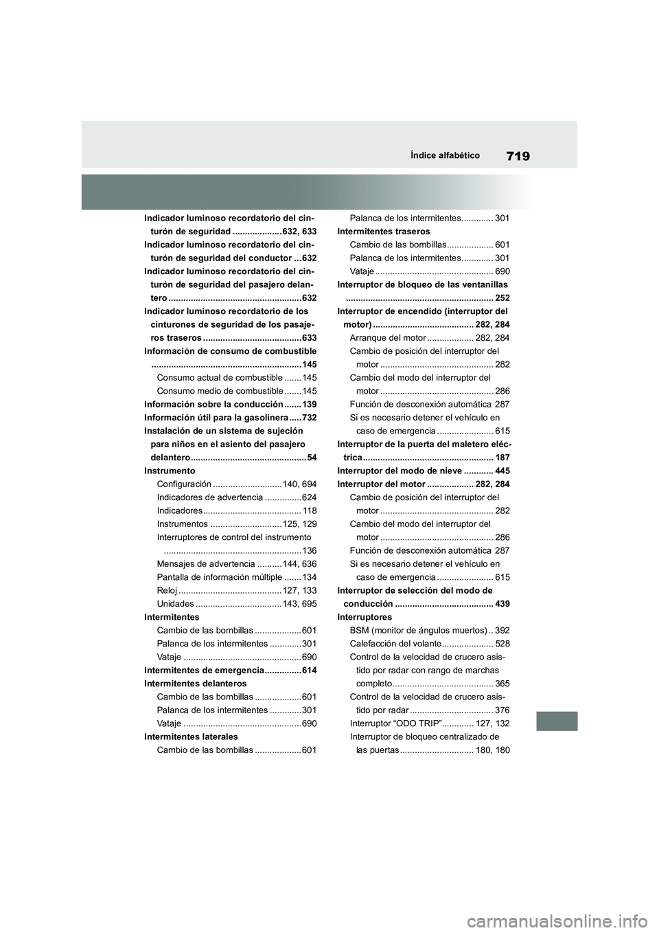 TOYOTA RAV4 2018 Manual del propietario (in Spanish) 719Índice alfabético
Indicador luminoso recordatorio del cin-
turón de seguridad .................... 632, 633
Indicador luminoso recordatorio del cin-
turón de seguridad del conductor ... 632
Ind TOYOTA RAV4 2018 Manual del propietario (in Spanish) 719Índice alfabético
Indicador luminoso recordatorio del cin-
turón de seguridad .................... 632, 633
Indicador luminoso recordatorio del cin-
turón de seguridad del conductor ... 632
Ind