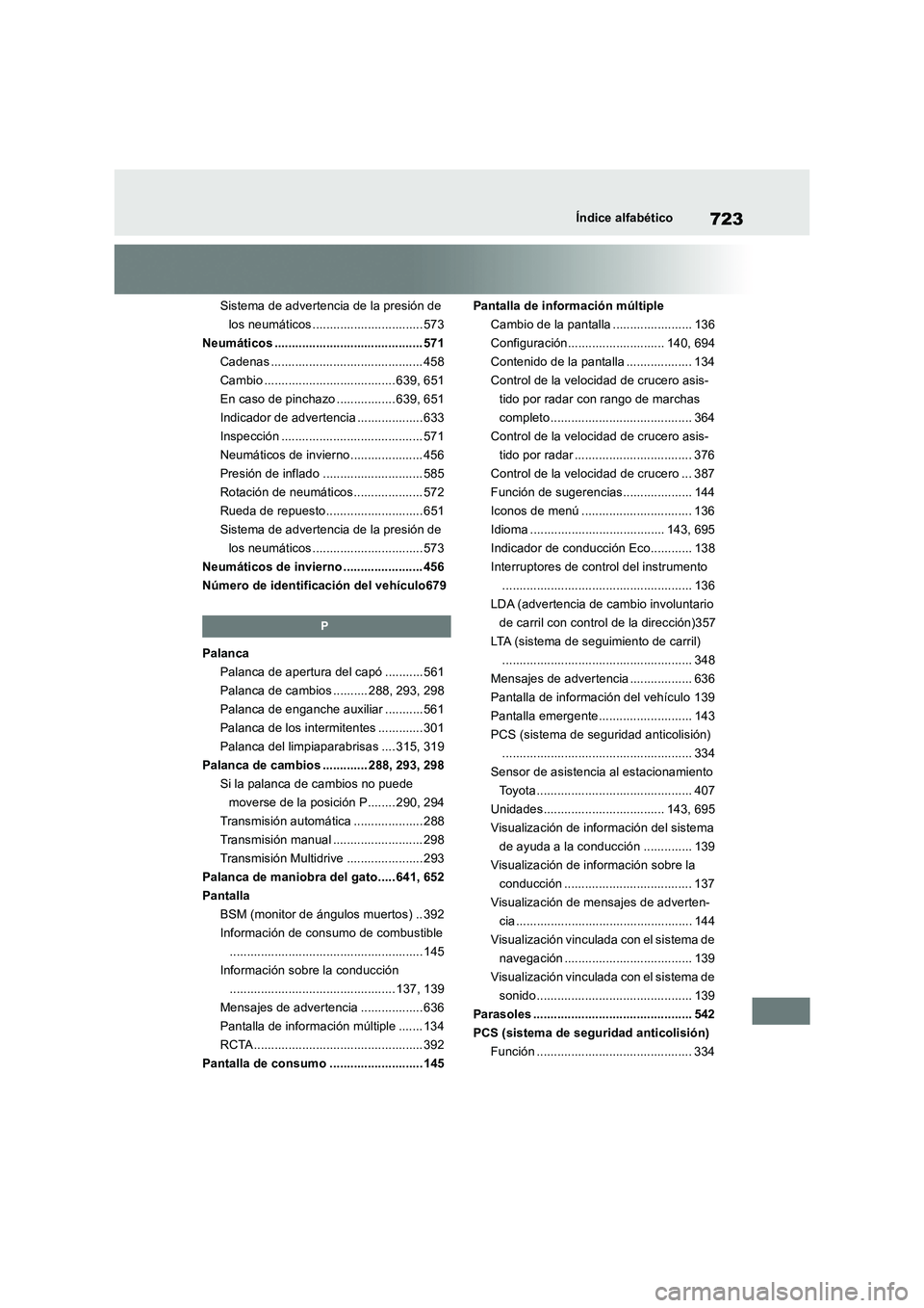TOYOTA RAV4 2018 Manual del propietario (in Spanish) 723Índice alfabético
Sistema de advertencia de la presión de
los neumáticos ................................ 573
Neumáticos ........................................... 571
Cadenas .............. TOYOTA RAV4 2018 Manual del propietario (in Spanish) 723Índice alfabético
Sistema de advertencia de la presión de
los neumáticos ................................ 573
Neumáticos ........................................... 571
Cadenas ..............