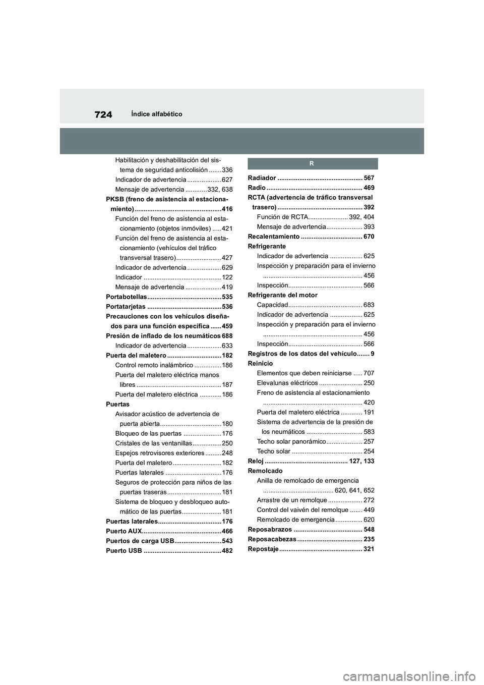 TOYOTA RAV4 2018 Manual del propietario (in Spanish) 724Índice alfabético
Habilitación y deshabilitación del sis-
tema de seguridad anticolisión ....... 336
Indicador de advertencia ................... 627
Mensaje de advertencia ............ 332, 6 TOYOTA RAV4 2018 Manual del propietario (in Spanish) 724Índice alfabético
Habilitación y deshabilitación del sis-
tema de seguridad anticolisión ....... 336
Indicador de advertencia ................... 627
Mensaje de advertencia ............ 332, 6