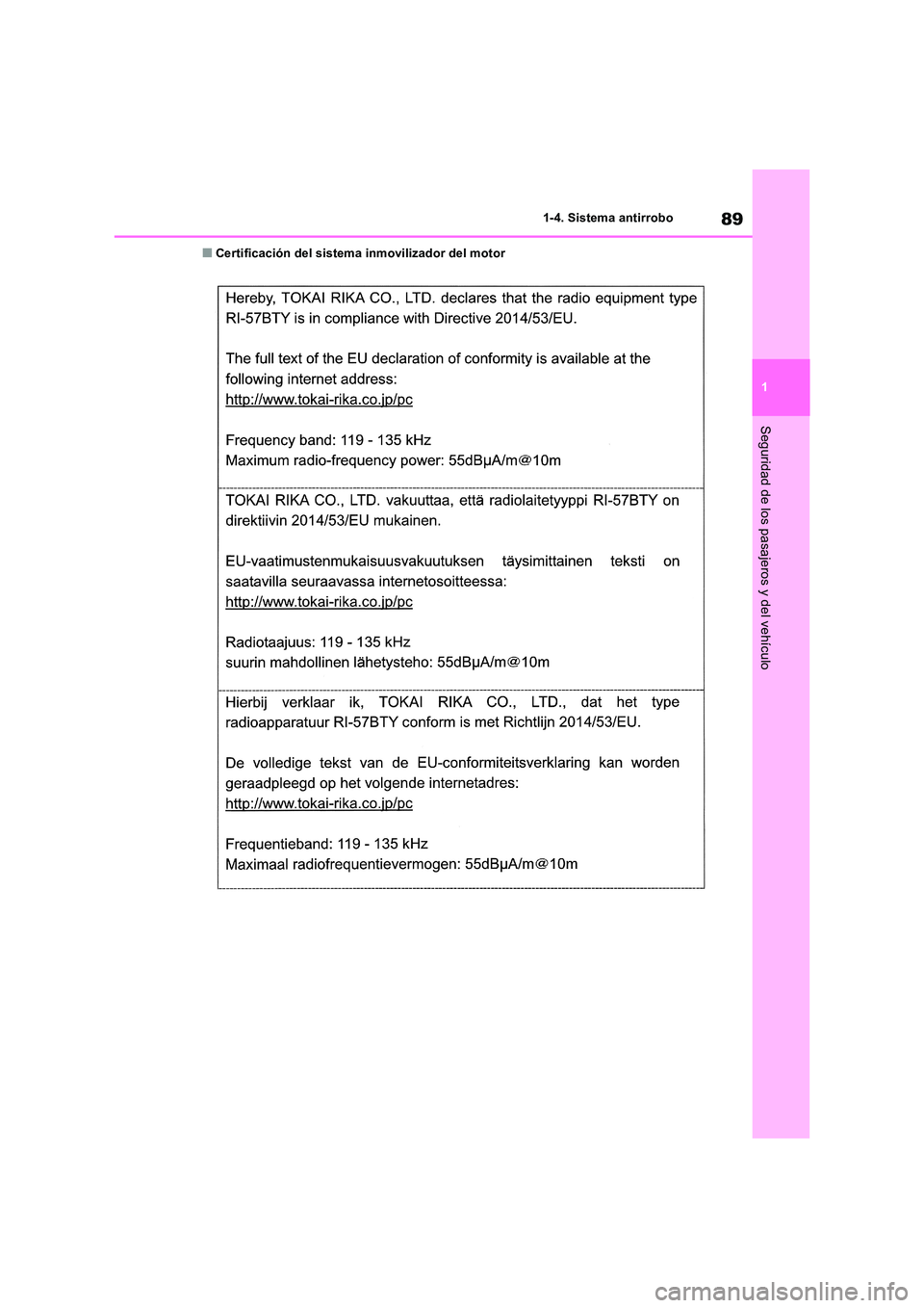 TOYOTA RAV4 2018 Manual del propietario (in Spanish) 89
1
1-4. Sistema antirrobo
Seguridad de los pasajeros y del vehículo
■Certificación del sistema inmovilizador del motor TOYOTA RAV4 2018 Manual del propietario (in Spanish) 89
1
1-4. Sistema antirrobo
Seguridad de los pasajeros y del vehículo
■Certificación del sistema inmovilizador del motor