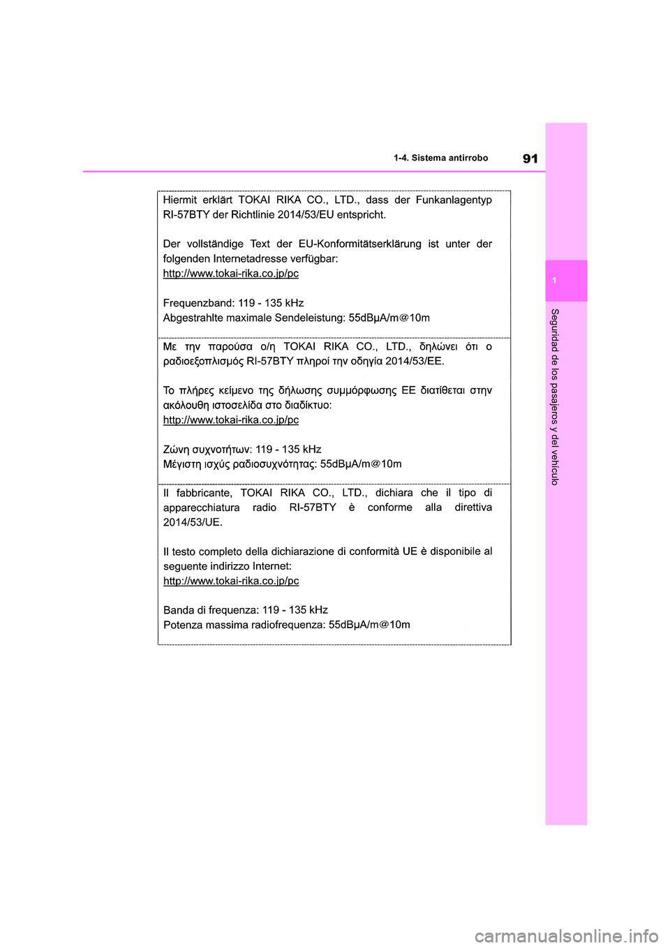 TOYOTA RAV4 2018  Manual del propietario (in Spanish) 91
1 
1-4. Sistema antirrobo
Seguridad de los pasajeros y del vehículo 