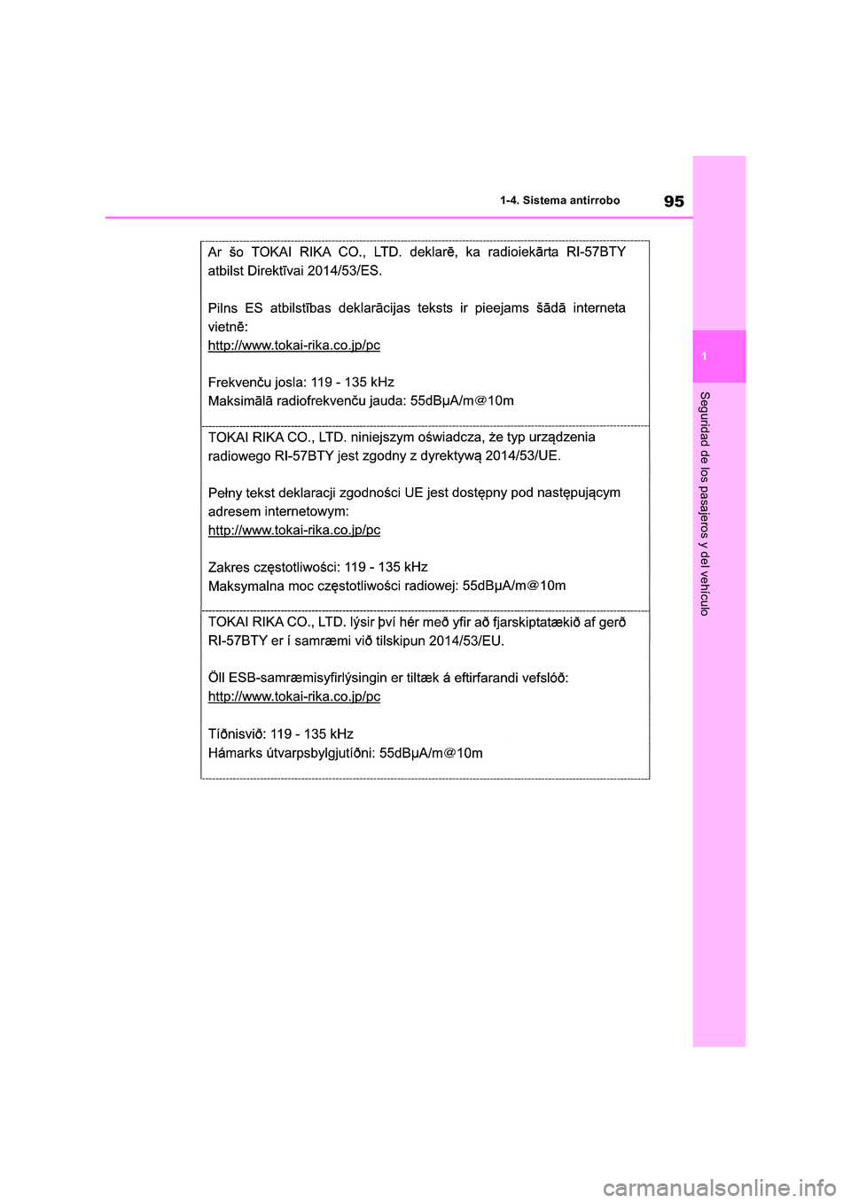 TOYOTA RAV4 2018  Manual del propietario (in Spanish) 95
1 
1-4. Sistema antirrobo
Seguridad de los pasajeros y del vehículo 
