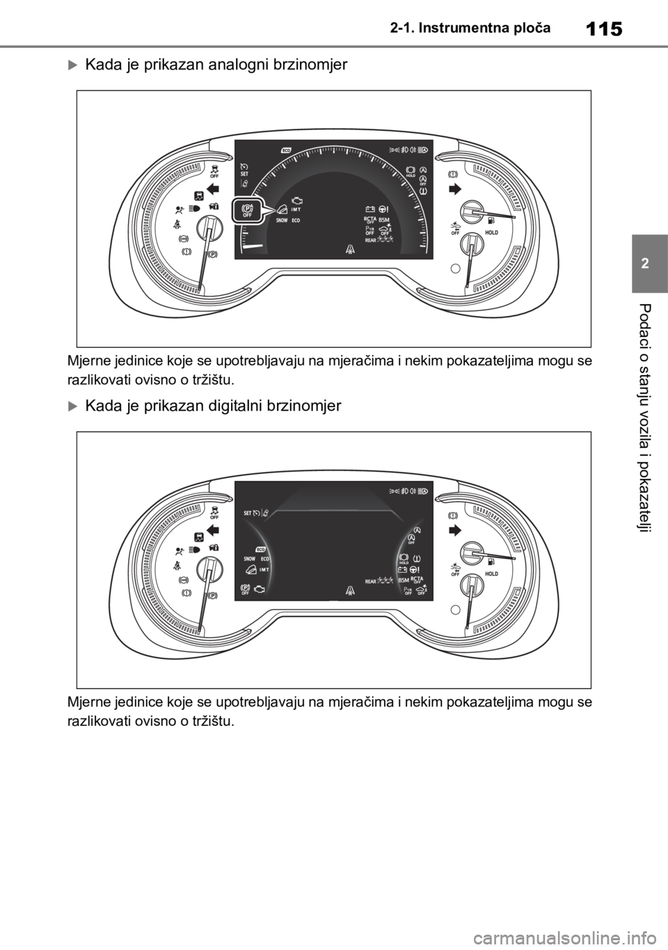TOYOTA RAV4 2018  Upute Za Rukovanje (in Croatian) 115
2 2-1. Instrumentna ploča
Podaci o stanju vozila i pokazatelji
Kada je prikazan analogni brzinomjer
Mjerne jedinice koje se upotrebljavaju na mjeračima i nekim pokazateljima mogu se 
razlikov