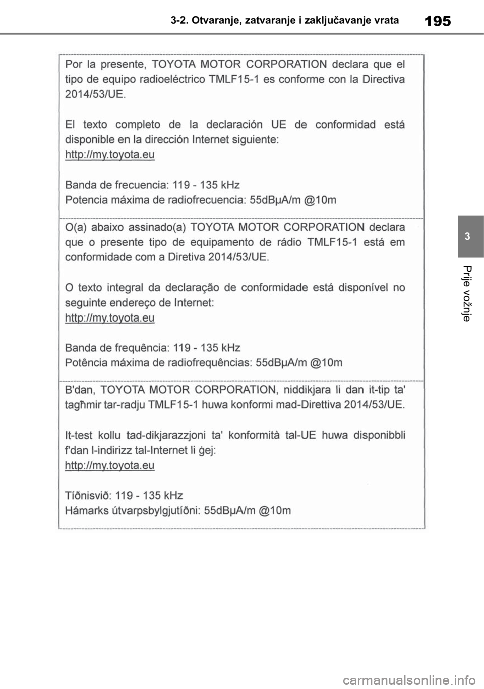 TOYOTA RAV4 2018  Upute Za Rukovanje (in Croatian) 195
3 3-2. Otvaranje, zatvaranje i zaključavanje vrata
Prije vožnje 