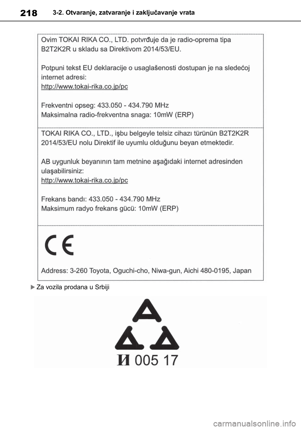 TOYOTA RAV4 2018  Upute Za Rukovanje (in Croatian) 2183-2. Otvaranje, zatvaranje i zaključavanje vrata
Za vozila prodana u Srbiji 
