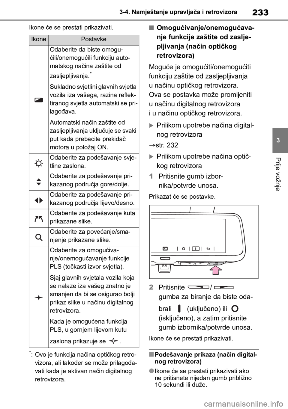 TOYOTA RAV4 2018 Upute Za Rukovanje (in Croatian) 233
3 3-4. Namještanje upravljača i retrovizora
Prije vožnje
Ikone će se prestati prikazivati.
*: Ovo je funkcija načina optičkog retro-
vizora, ali također se može prilagođa-
vati kada je ak TOYOTA RAV4 2018 Upute Za Rukovanje (in Croatian) 233
3 3-4. Namještanje upravljača i retrovizora
Prije vožnje
Ikone će se prestati prikazivati.
*: Ovo je funkcija načina optičkog retro-
vizora, ali također se može prilagođa-
vati kada je ak
