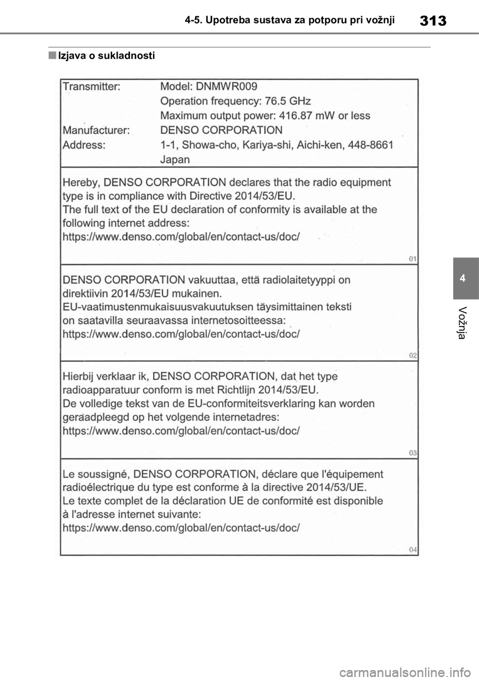 TOYOTA RAV4 2018  Upute Za Rukovanje (in Croatian) 313
4 4-5. Upotreba sustava za potporu pri vožnji
Vožnja
■Izjava o sukladnosti 
