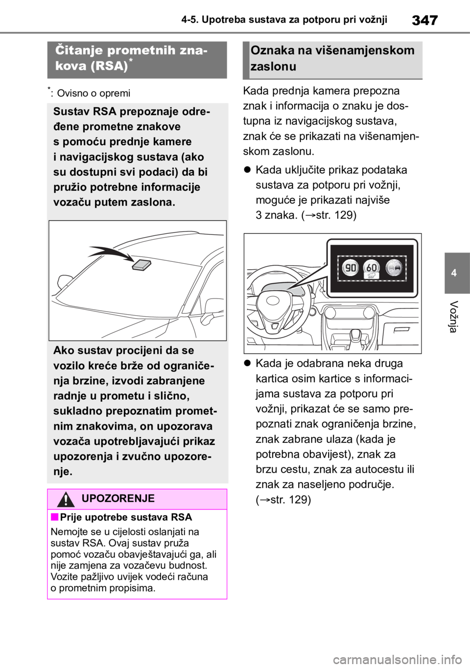 TOYOTA RAV4 2018  Upute Za Rukovanje (in Croatian) 347
4 4-5. Upotreba sustava za potporu pri vožnji
Vožnja
*: Ovisno o opremiKada prednja kamera prepozna 
znak i informacija o znaku je dos-
tupna iz navigacijskog sustava, 
znak će se prikazati na 