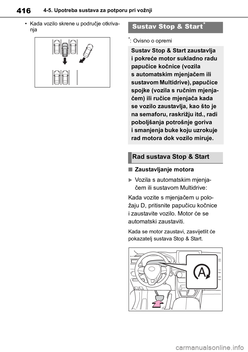 TOYOTA RAV4 2018  Upute Za Rukovanje (in Croatian) 4164-5. Upotreba sustava za potporu pri vožnji
• Kada vozilo skrene u područje otkriva-
nja
*: Ovisno o opremi
■Zaustavljanje motora
Vozila s automatskim mjenja-
čem ili sustavom Multidrive: