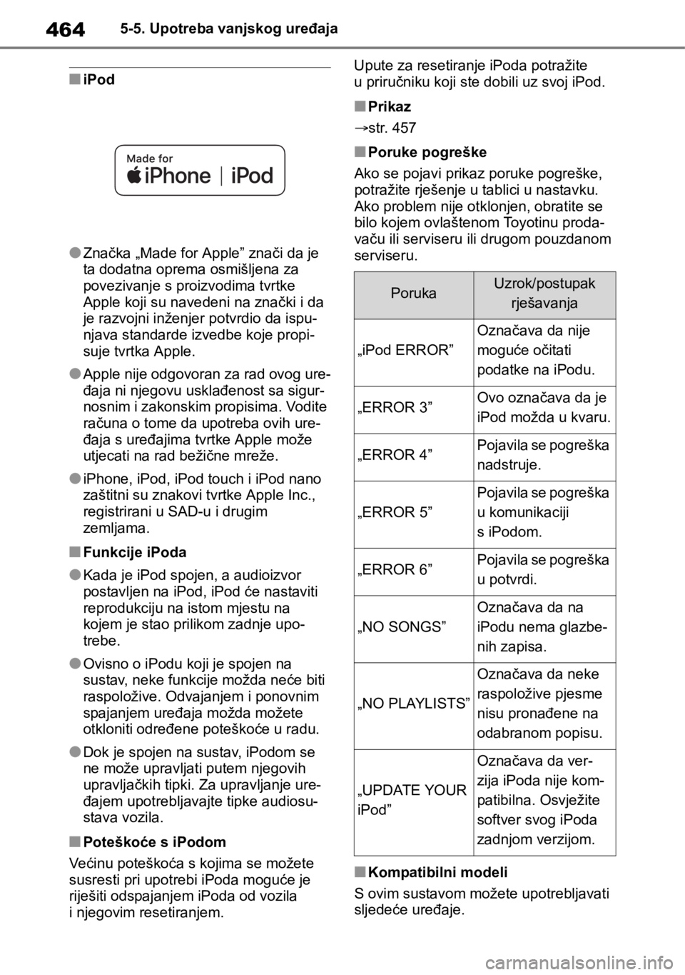 TOYOTA RAV4 2018 Upute Za Rukovanje (in Croatian) 4645-5. Upotreba vanjskog uređaja
■iPod
●Značka „Made for Apple” znači da je
ta dodatna oprema osmišljena za
povezivanje s proizvodima tvrtke
Apple koji su navedeni na znački i da
je TOYOTA RAV4 2018 Upute Za Rukovanje (in Croatian) 4645-5. Upotreba vanjskog uređaja
■iPod
●Značka „Made for Apple” znači da je
ta dodatna oprema osmišljena za
povezivanje s proizvodima tvrtke
Apple koji su navedeni na znački i da
je