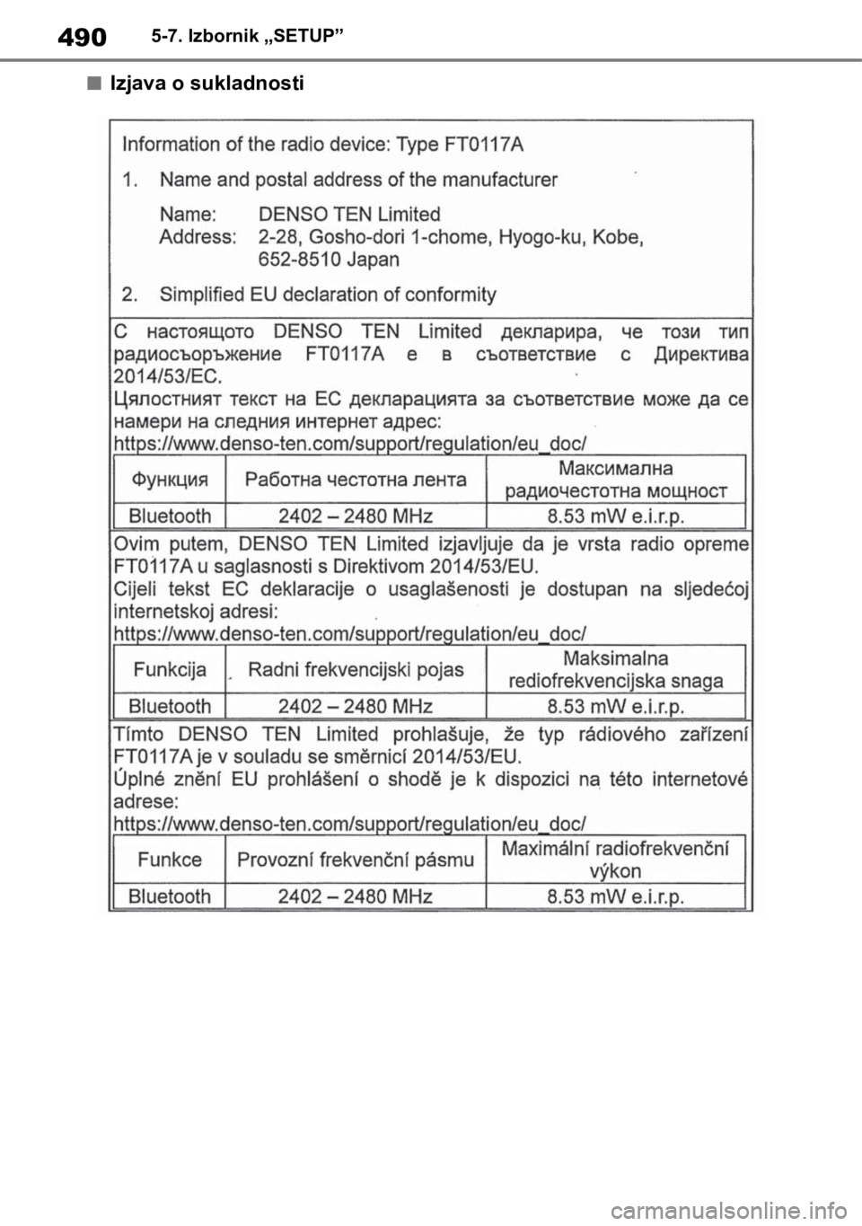 TOYOTA RAV4 2018  Upute Za Rukovanje (in Croatian) 4905-7. Izbornik „SETUP”
■Izjava o sukladnosti 