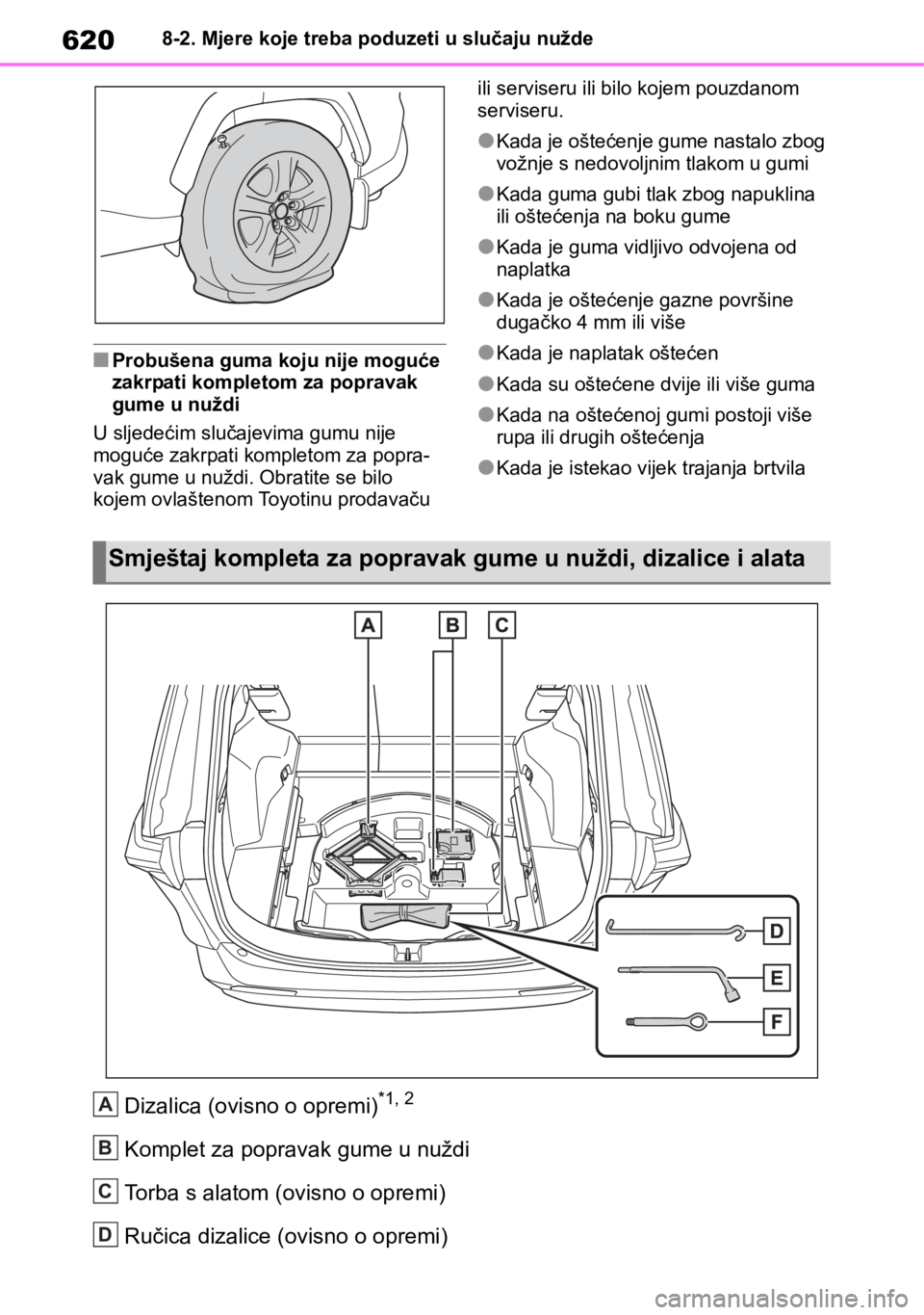 TOYOTA RAV4 2018  Upute Za Rukovanje (in Croatian) 6208-2. Mjere koje treba poduzeti u slučaju nužde
■Probušena guma koju nije moguće 
zakrpati kompletom za popravak 
gume u nuždi
U sljedećim slučajevima gumu nije 
moguće zakrpati kompletom 