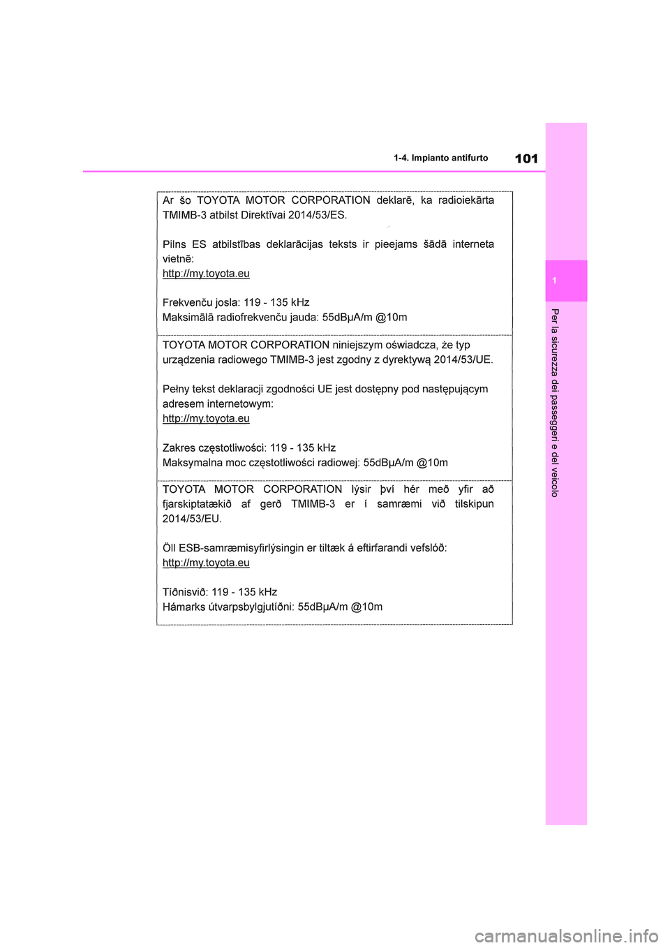 TOYOTA RAV4 2018 Manuale duso (in Italian) 101
1
1-4. Impianto antifurto
Per la sicurezza dei passeggeri e del veicolo TOYOTA RAV4 2018 Manuale duso (in Italian) 101
1
1-4. Impianto antifurto
Per la sicurezza dei passeggeri e del veicolo