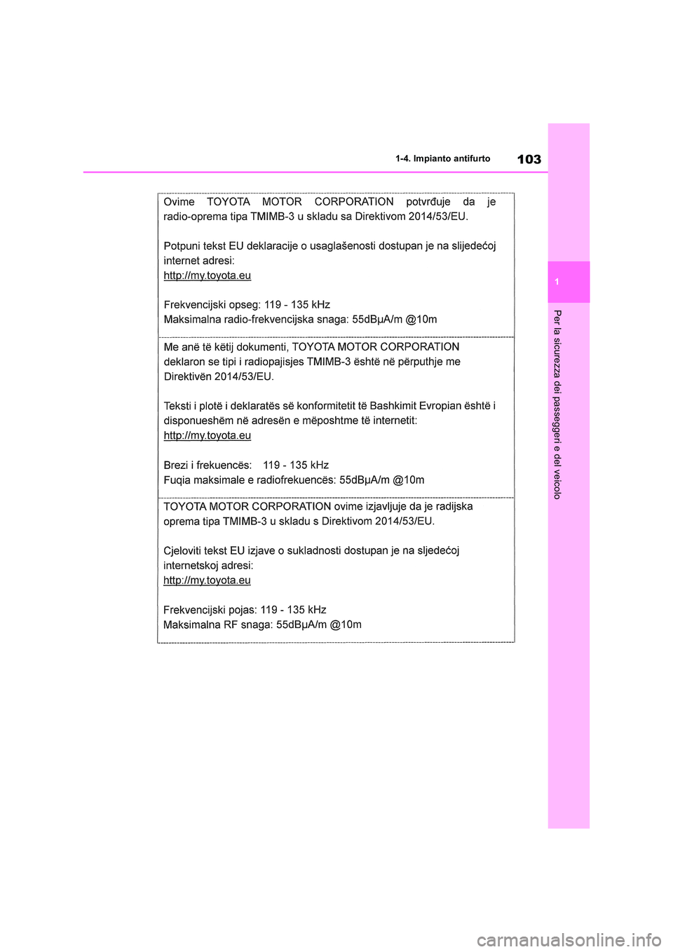 TOYOTA RAV4 2018 Manuale duso (in Italian) 103
1
1-4. Impianto antifurto
Per la sicurezza dei passeggeri e del veicolo TOYOTA RAV4 2018 Manuale duso (in Italian) 103
1
1-4. Impianto antifurto
Per la sicurezza dei passeggeri e del veicolo