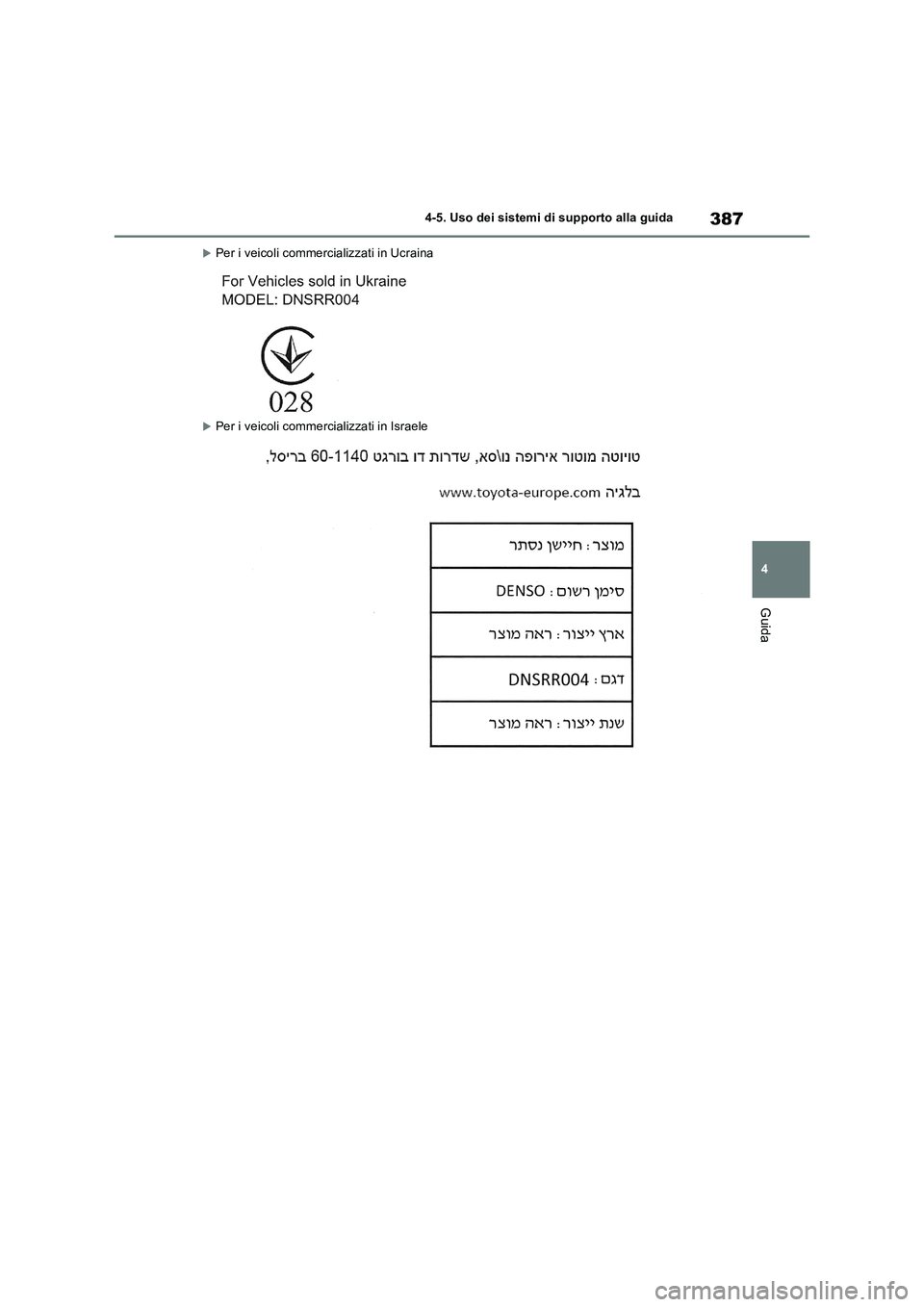 TOYOTA RAV4 2018  Manuale duso (in Italian) 387
4 4-5. Uso dei sistemi di supporto alla guida
Guida
Per i veicoli commercializzati in Ucraina
Per i veicoli commercializzati in Israele 