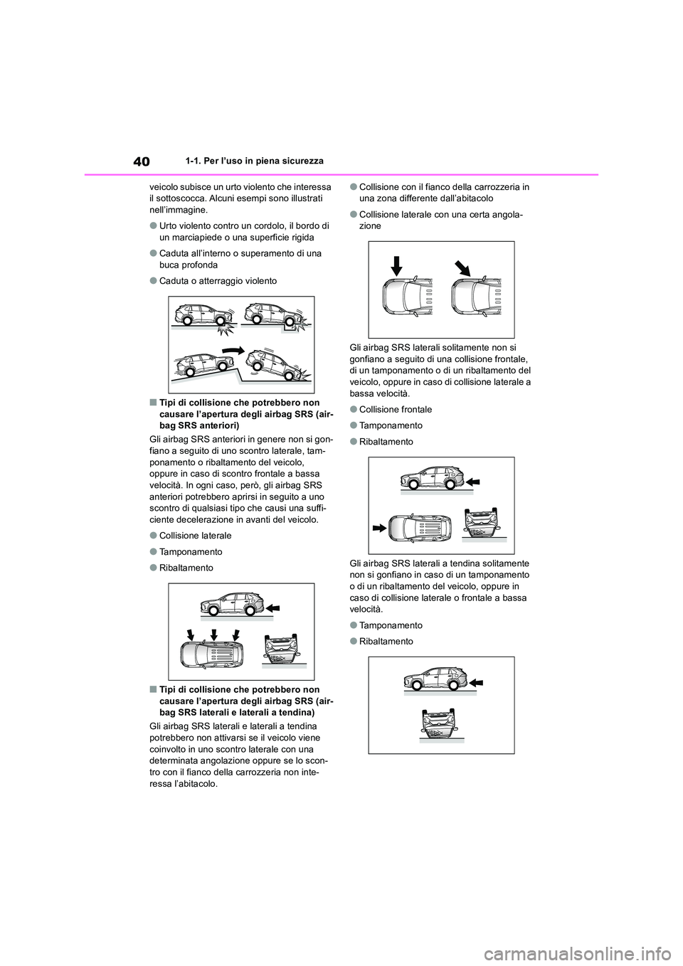 TOYOTA RAV4 2018 Manuale duso (in Italian) 401-1. Per l’uso in piena sicurezza
veicolo subisce un urto violento che interessa il sottoscocca. Alcuni esempi sono illustrati nell’immagine.
●Urto violento contro un cordolo, il bordo di un TOYOTA RAV4 2018 Manuale duso (in Italian) 401-1. Per l’uso in piena sicurezza
veicolo subisce un urto violento che interessa il sottoscocca. Alcuni esempi sono illustrati nell’immagine.
●Urto violento contro un cordolo, il bordo di un