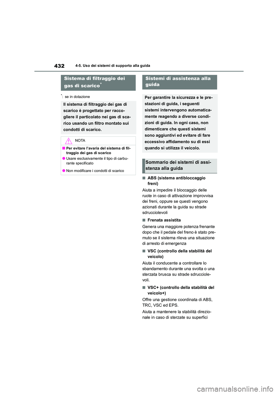 TOYOTA RAV4 2018  Manuale duso (in Italian) 4324-5. Uso dei sistemi di supporto alla guida
*: se in dotazione
■ABS (sistema antibloccaggio  
freni) 
Aiuta a impedire il bloccaggio delle  
ruote in caso di attivazione improvvisa 
dei freni, op