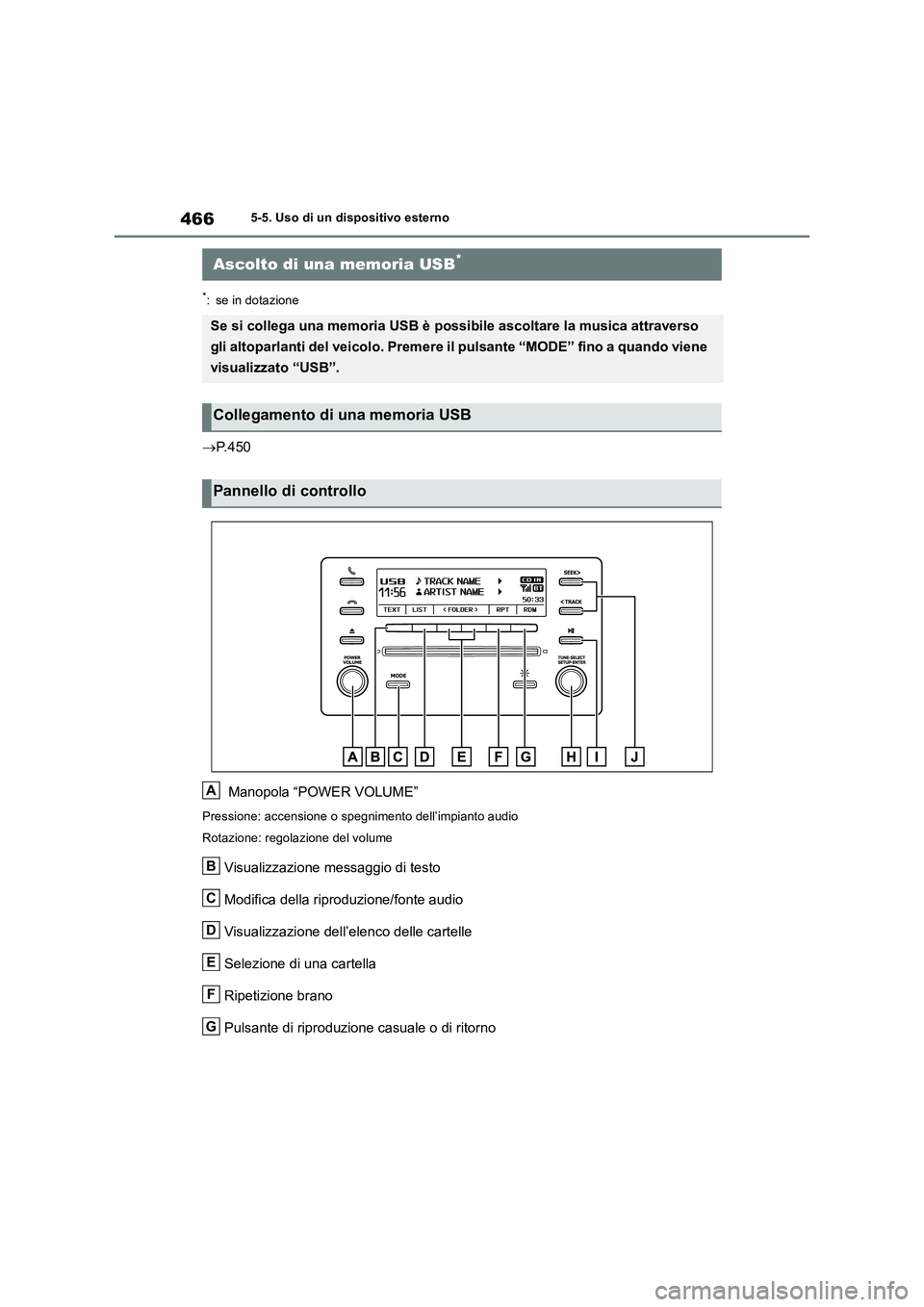 TOYOTA RAV4 2018  Manuale duso (in Italian) 4665-5. Uso di un dispositivo esterno
*: se in dotazione
P. 4 5 0
 Manopola “POWER VOLUME”
Pressione: accensione o spegnimento dell’impianto audio
Rotazione: regolazione del volume
Visualizza