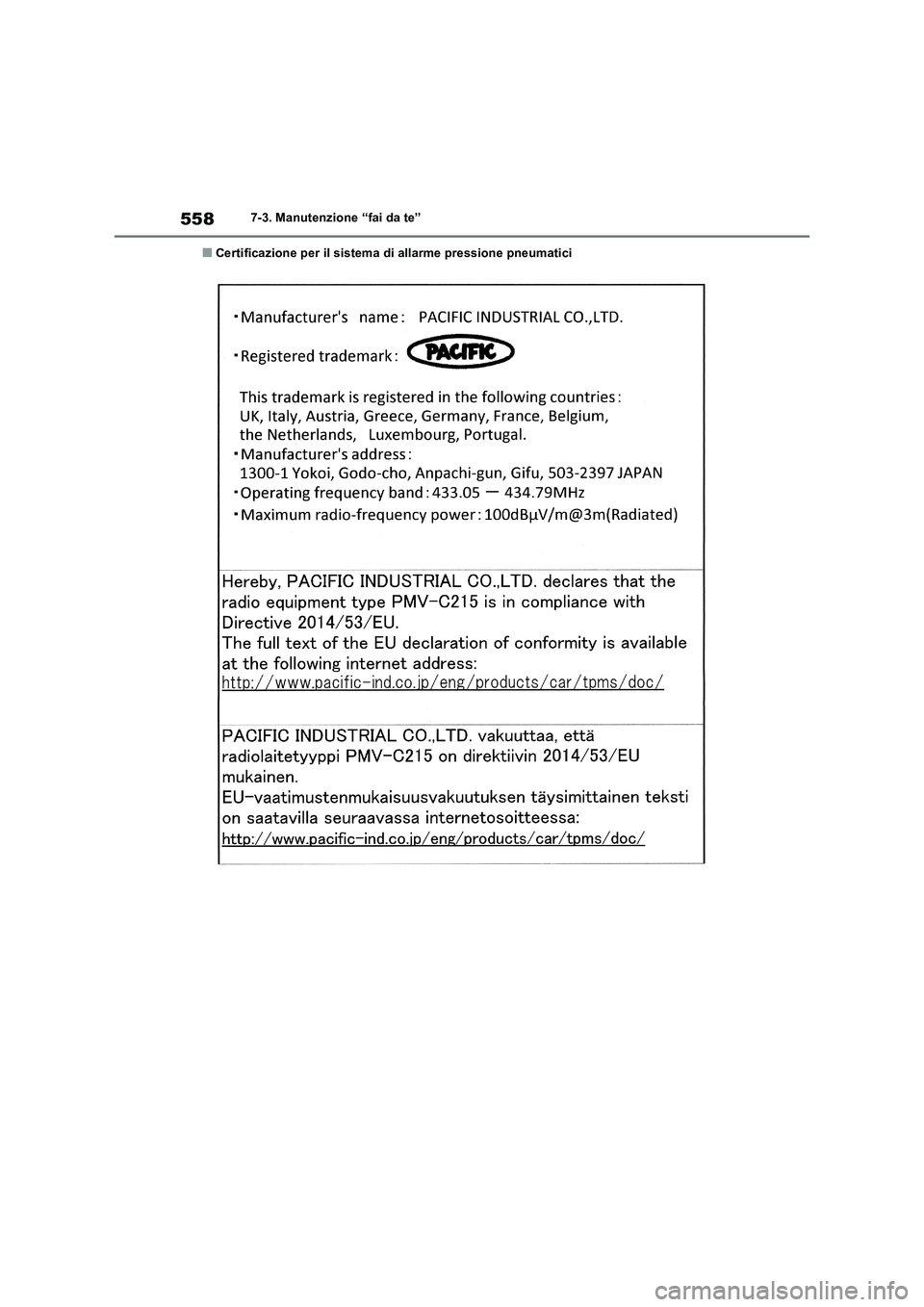 TOYOTA RAV4 2018  Manuale duso (in Italian) 5587-3. Manutenzione “fai da te”
■Certificazione per il sistema di allarme pressione pneumatici 