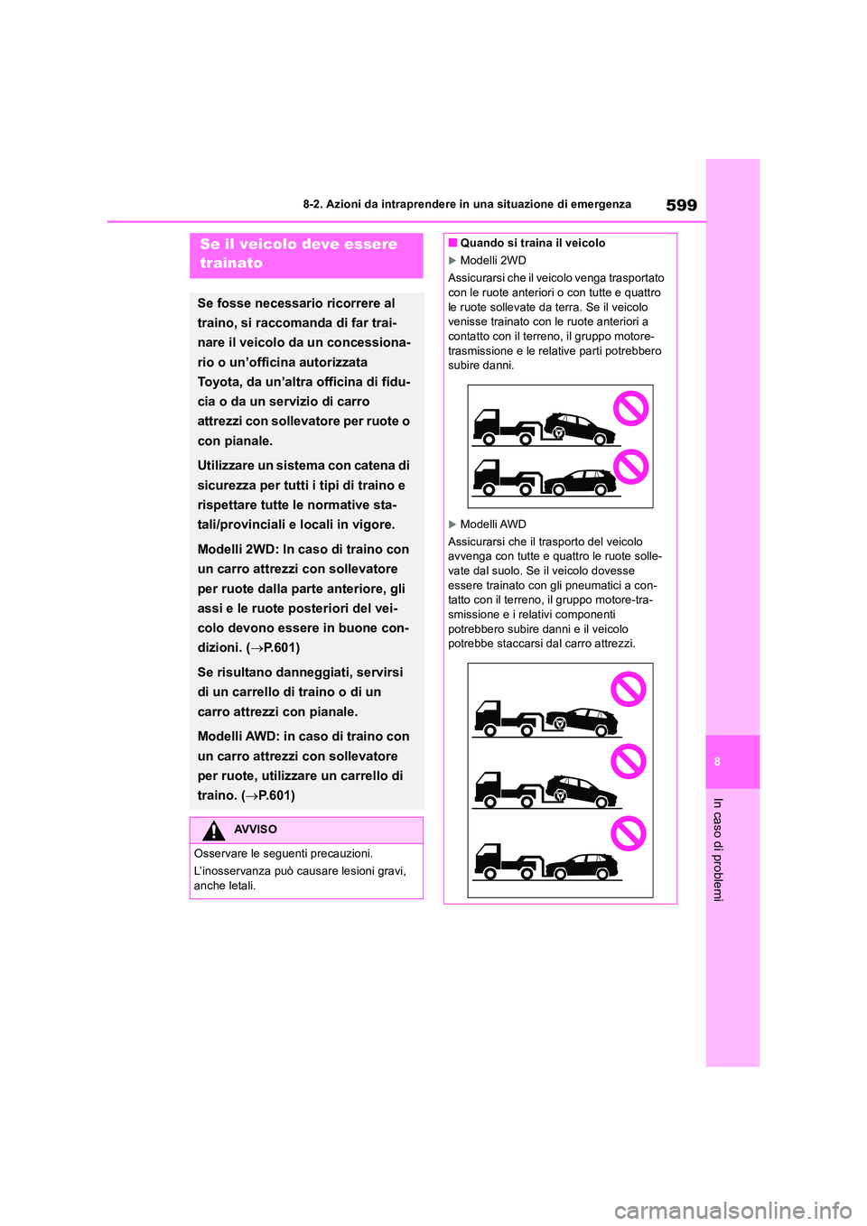 TOYOTA RAV4 2018  Manuale duso (in Italian) 599
8 
8-2. Azioni da intraprendere in una situazione di emergenza
In caso di problemi
8-2.Azioni d a intra pren dere in  una  situazione  di  emergenzaSe il veicolo deve essere  
trainato
Se fosse ne