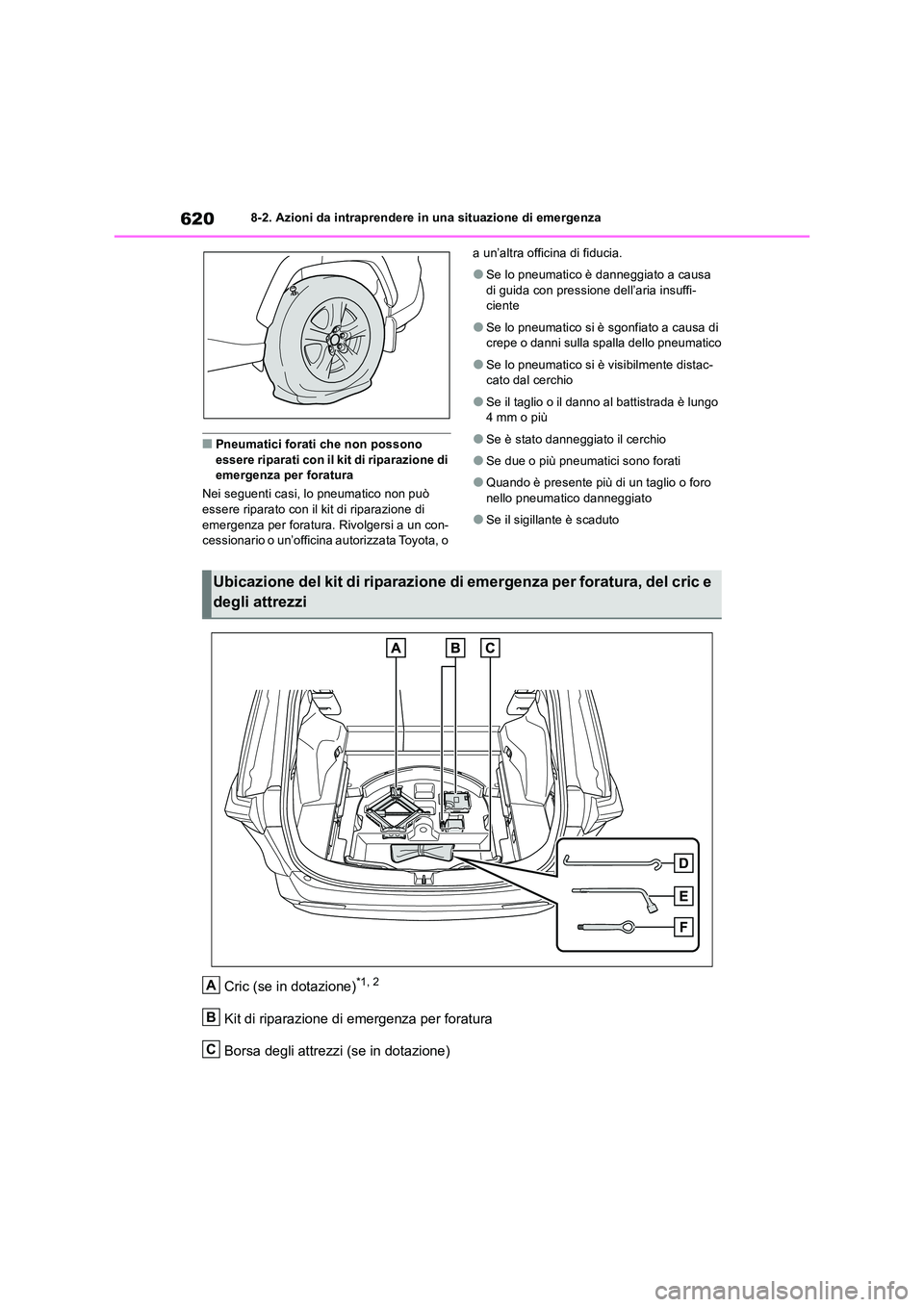 TOYOTA RAV4 2018  Manuale duso (in Italian) 6208-2. Azioni da intraprendere in una situazione di emergenza
■Pneumatici forati che non possono  essere riparati con il kit di riparazione di emergenza per foratura 
Nei seguenti casi, lo pneumati