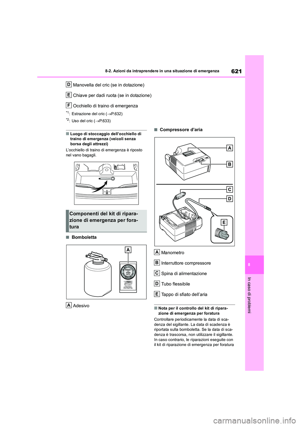 TOYOTA RAV4 2018  Manuale duso (in Italian) 621
8 
8-2. Azioni da intraprendere in una situazione di emergenza
In caso di problemi
Manovella del cric (se in dotazione) 
Chiave per dadi ruota (se in dotazione) 
Occhiello di traino di emergenza
*
