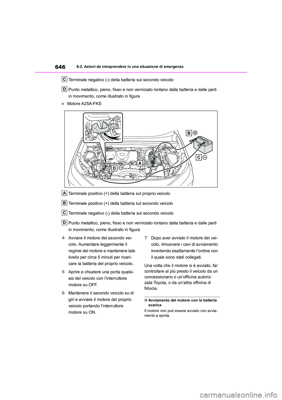 TOYOTA RAV4 2018  Manuale duso (in Italian) 6468-2. Azioni da intraprendere in una situazione di emergenza
Terminale negativo (-) della batteria sul secondo veicolo 
Punto metallico, pieno, fisso e non verniciato lontano dalla batteria e dalle 