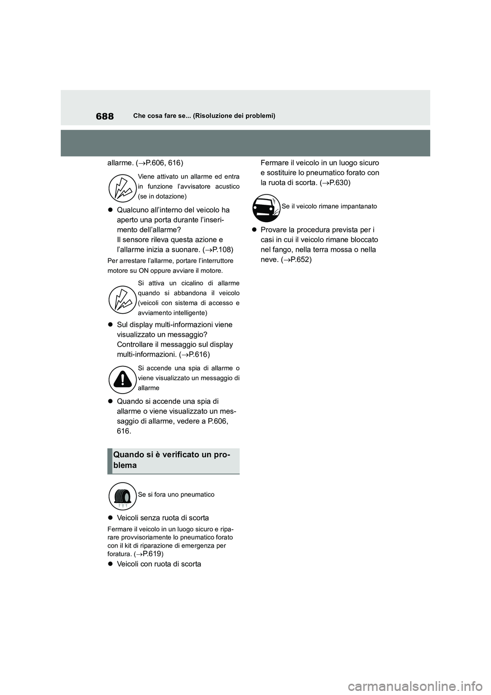 TOYOTA RAV4 2018 Manuale duso (in Italian) 688Che cosa fare se... (Risoluzione dei problemi)
allarme. (P.606, 616)
Qualcuno all’interno del veicolo ha
aperto una porta durante l’inseri-
mento dell’allarme?
Il sensore rileva questa TOYOTA RAV4 2018 Manuale duso (in Italian) 688Che cosa fare se... (Risoluzione dei problemi)
allarme. (P.606, 616)
Qualcuno all’interno del veicolo ha
aperto una porta durante l’inseri-
mento dell’allarme?
Il sensore rileva questa