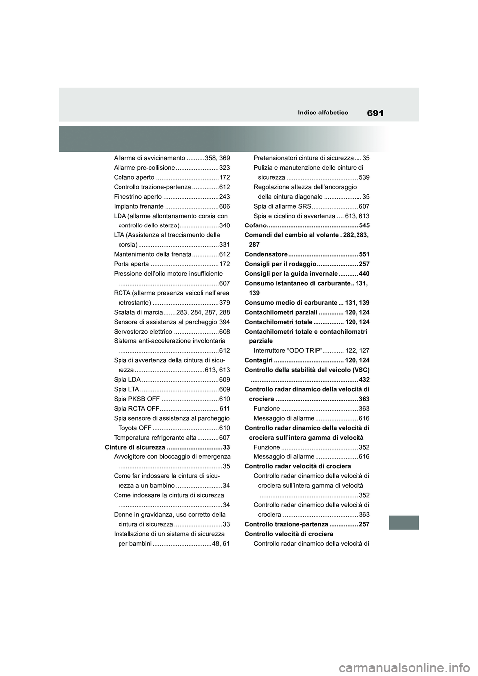 TOYOTA RAV4 2018 Manuale duso (in Italian) 691Indice alfabetico
Allarme di avvicinamento .......... 358, 369
Allarme pre-collisione ........................ 323
Cofano aperto ................................... 172
Controllo trazione-partenza TOYOTA RAV4 2018 Manuale duso (in Italian) 691Indice alfabetico
Allarme di avvicinamento .......... 358, 369
Allarme pre-collisione ........................ 323
Cofano aperto ................................... 172
Controllo trazione-partenza