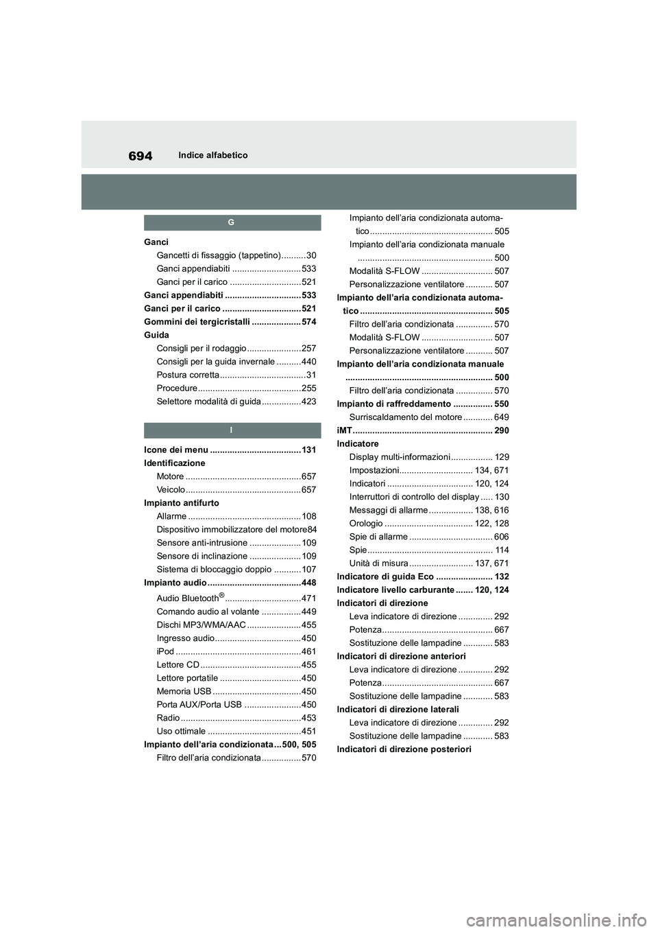 TOYOTA RAV4 2018  Manuale duso (in Italian) 694Indice alfabetico
G
Ganci
Gancetti di fissaggio (tappetino) .......... 30
Ganci appendiabiti ............................ 533
Ganci per il carico ............................. 521
Ganci appendiabit