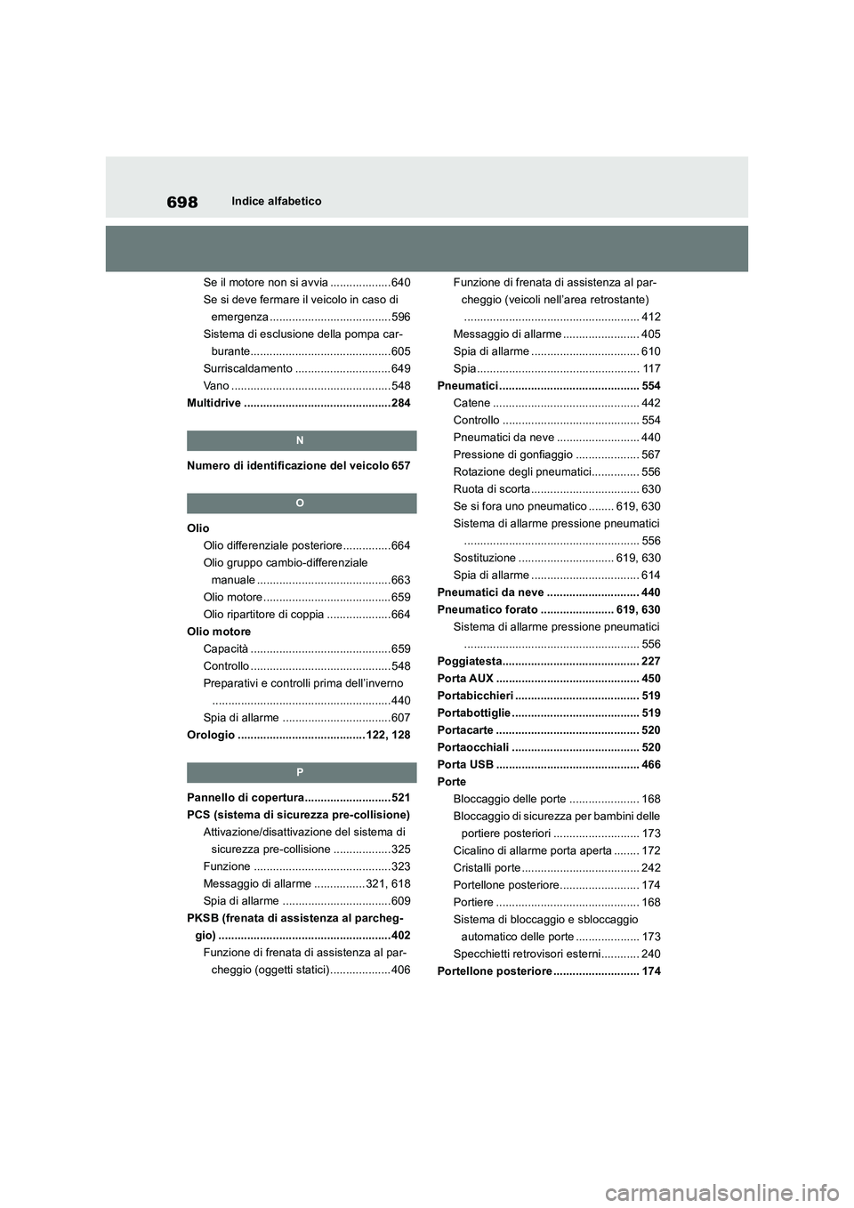 TOYOTA RAV4 2018  Manuale duso (in Italian) 698Indice alfabetico
Se il motore non si avvia ................... 640
Se si deve fermare il veicolo in caso di 
emergenza ...................................... 596
Sistema di esclusione della pompa 