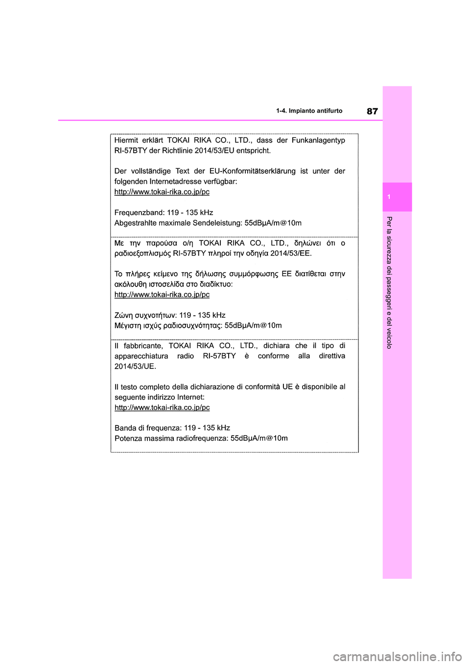 TOYOTA RAV4 2018 Manuale duso (in Italian) 87
1
1-4. Impianto antifurto
Per la sicurezza dei passeggeri e del veicolo TOYOTA RAV4 2018 Manuale duso (in Italian) 87
1
1-4. Impianto antifurto
Per la sicurezza dei passeggeri e del veicolo