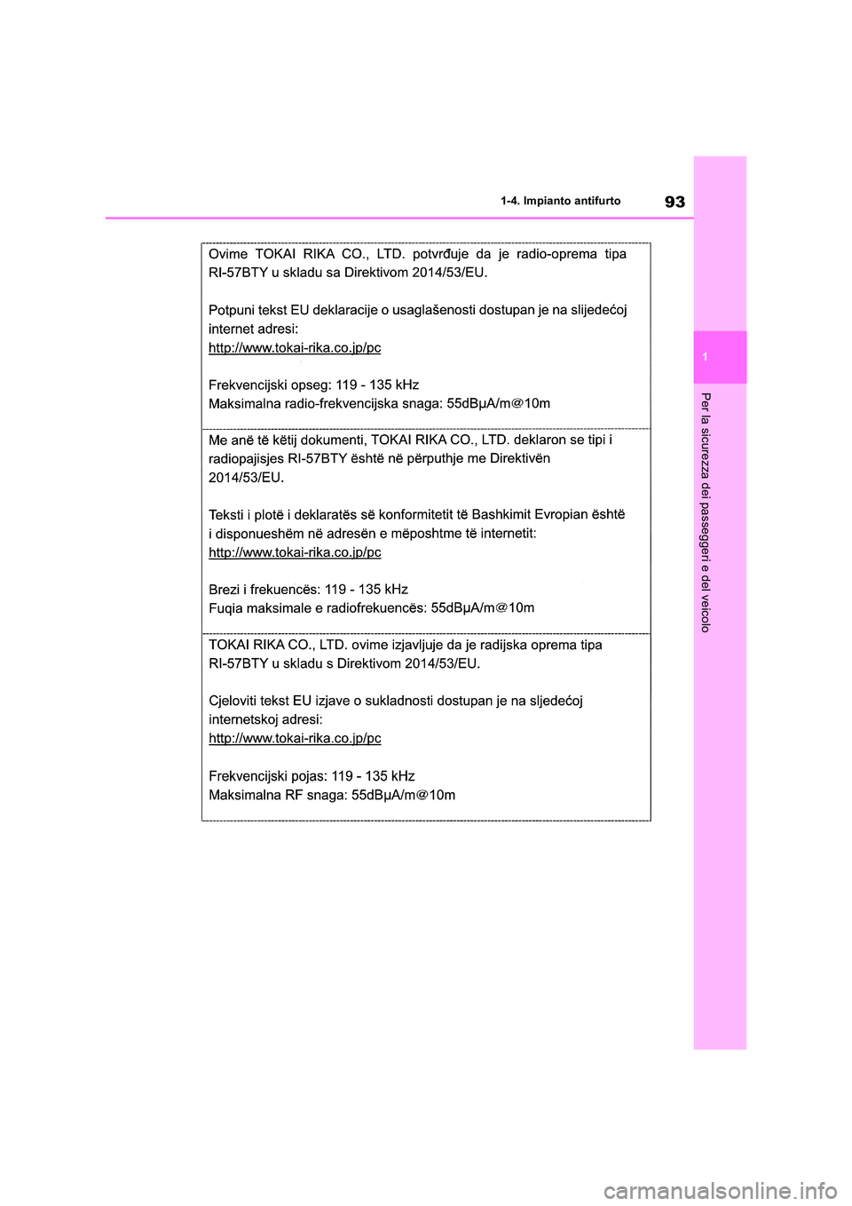 TOYOTA RAV4 2018 Manuale duso (in Italian) 93
1
1-4. Impianto antifurto
Per la sicurezza dei passeggeri e del veicolo TOYOTA RAV4 2018 Manuale duso (in Italian) 93
1
1-4. Impianto antifurto
Per la sicurezza dei passeggeri e del veicolo