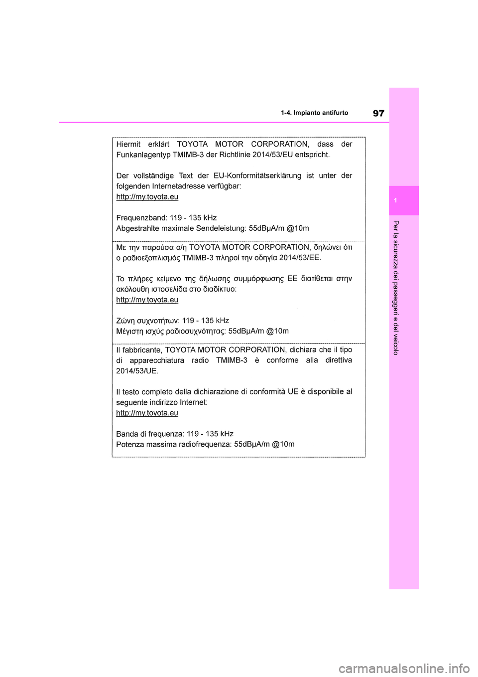 TOYOTA RAV4 2018 Manuale duso (in Italian) 97
1
1-4. Impianto antifurto
Per la sicurezza dei passeggeri e del veicolo TOYOTA RAV4 2018 Manuale duso (in Italian) 97
1
1-4. Impianto antifurto
Per la sicurezza dei passeggeri e del veicolo
