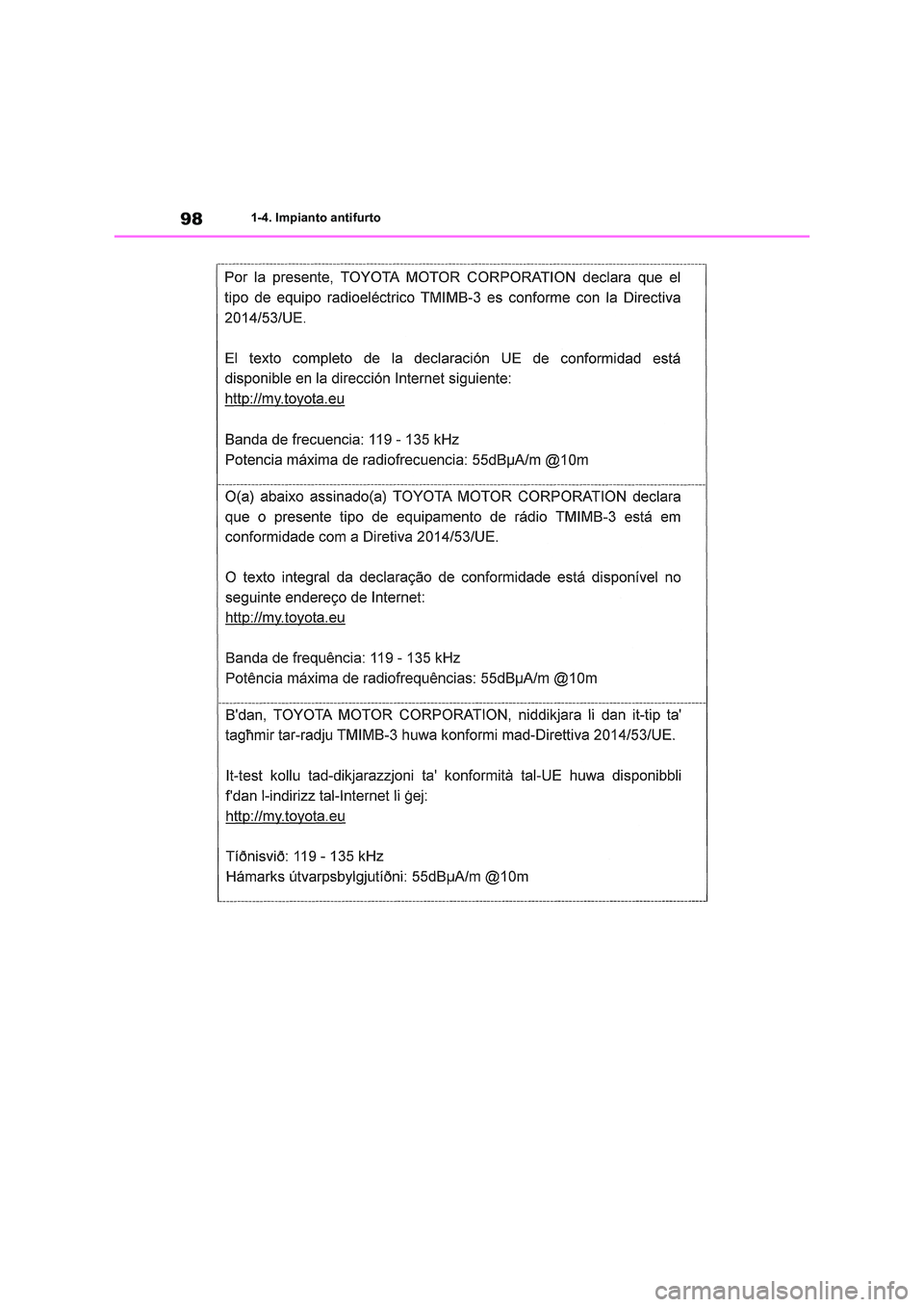 TOYOTA RAV4 2018 Manuale duso (in Italian) 981-4. Impianto antifurto TOYOTA RAV4 2018 Manuale duso (in Italian) 981-4. Impianto antifurto