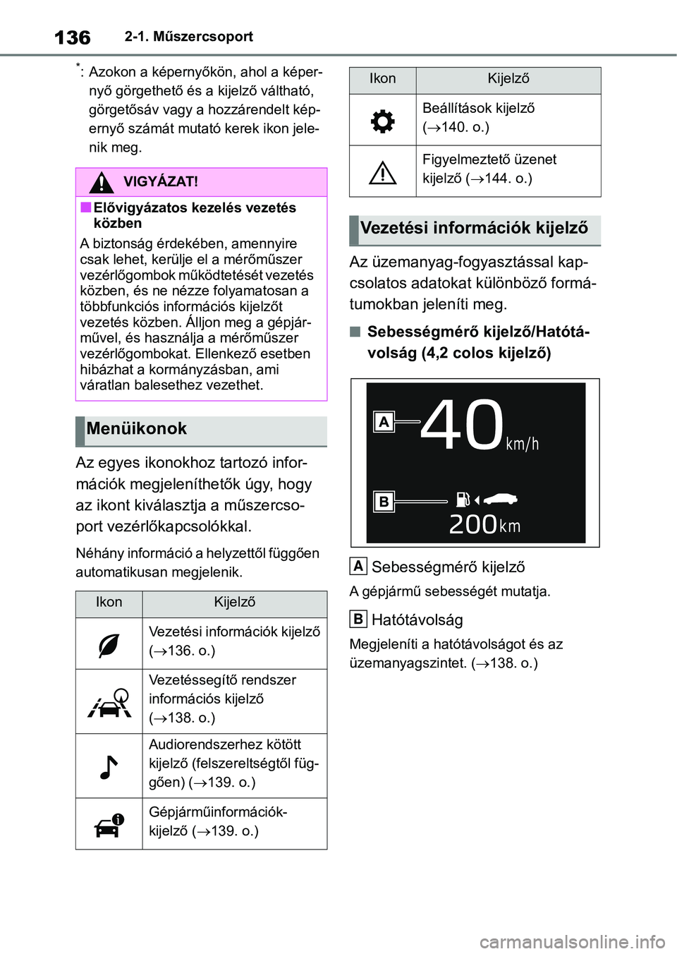 TOYOTA RAV4 2018 Kezelési útmutató (in Hungarian) 1362-1. Műszercsoport
*: Azokon a képernyőkön, ahol a képer-
nyő görgethető és a kijelző váltható,
görgetősáv vagy a hozzárendelt kép-
ernyő számát mutató kerek ikon jele-
nik m TOYOTA RAV4 2018 Kezelési útmutató (in Hungarian) 1362-1. Műszercsoport
*: Azokon a képernyőkön, ahol a képer-
nyő görgethető és a kijelző váltható,
görgetősáv vagy a hozzárendelt kép-
ernyő számát mutató kerek ikon jele-
nik m