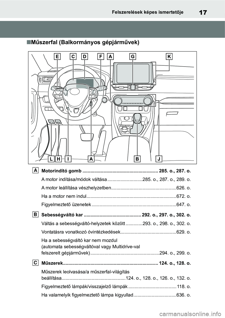 TOYOTA RAV4 2018 Kezelési útmutató (in Hungarian) 17Felszerelések képes ismertetője
nMűszerfal (Balkormányos gépjárművek)
Motorindító gomb ............................................... ........... 285. o., 287. o.
A motor indítása/módo TOYOTA RAV4 2018 Kezelési útmutató (in Hungarian) 17Felszerelések képes ismertetője
nMűszerfal (Balkormányos gépjárművek)
Motorindító gomb ............................................... ........... 285. o., 287. o.
A motor indítása/módo