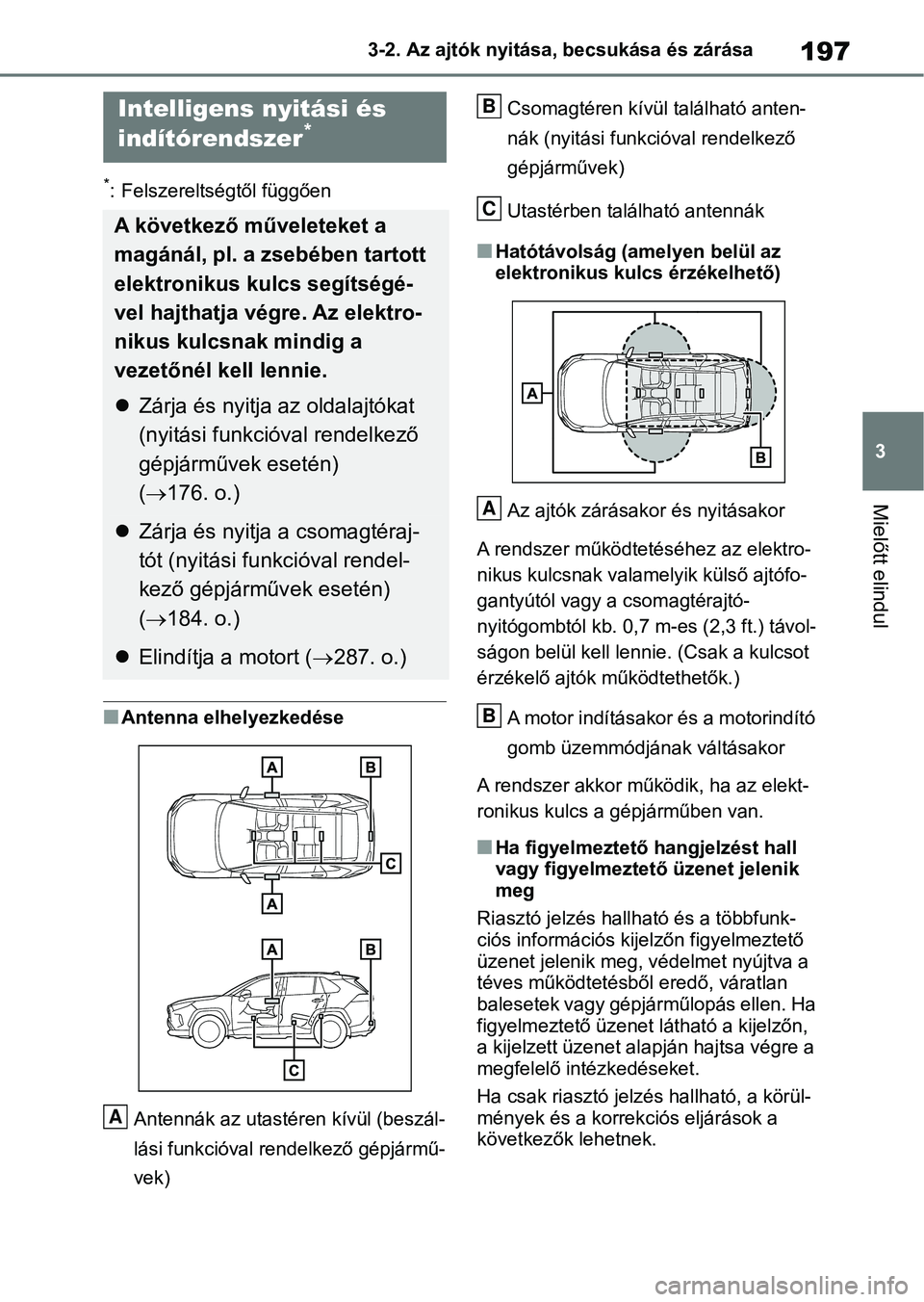 TOYOTA RAV4 2018 Kezelési útmutató (in Hungarian) 197
3
3-2. Az ajtók nyitása, becsukása és zárása
Mielőtt elindul
*: Felszereltségtől függően
nAntenna elhelyezkedése
Antennák az utastéren kívül (beszál-
lási funkcióval rendelkező TOYOTA RAV4 2018 Kezelési útmutató (in Hungarian) 197
3
3-2. Az ajtók nyitása, becsukása és zárása
Mielőtt elindul
*: Felszereltségtől függően
nAntenna elhelyezkedése
Antennák az utastéren kívül (beszál-
lási funkcióval rendelkező