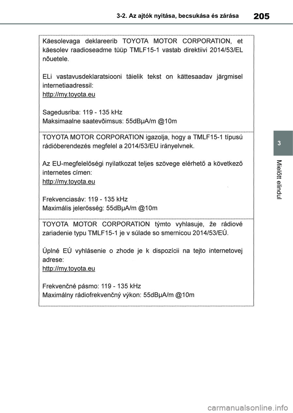 TOYOTA RAV4 2018 Kezelési útmutató (in Hungarian) 205
3
3-2. Az ajtók nyitása, becsukása és zárása
Mielőtt elindul TOYOTA RAV4 2018 Kezelési útmutató (in Hungarian) 205
3
3-2. Az ajtók nyitása, becsukása és zárása
Mielőtt elindul